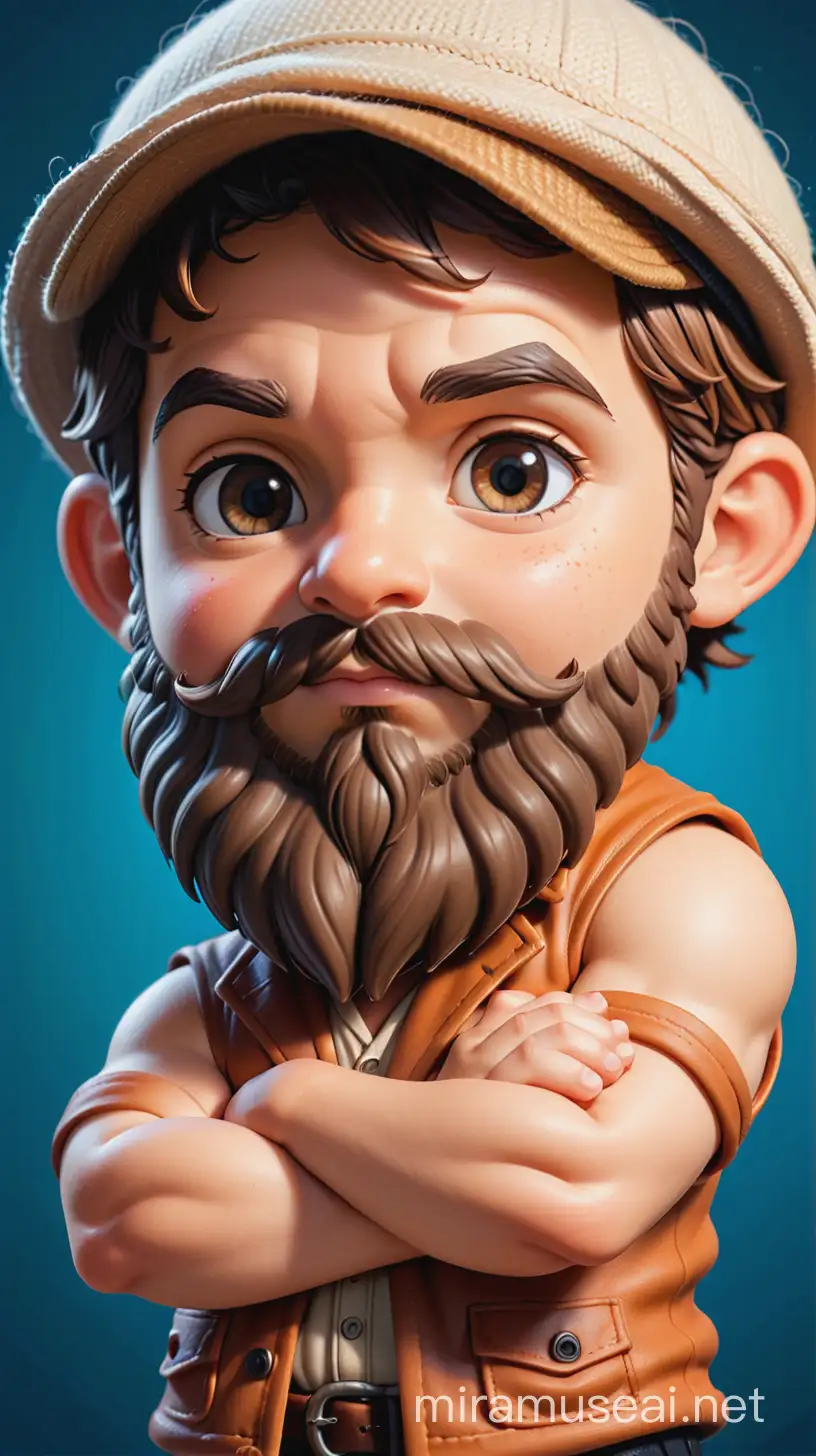 create a magna airbrush image of a burly chibi tan skinned Jewish male wearing Fisherman clothing. arms crossed. showing only half his turso close-up. Highly detailed scruffy beard