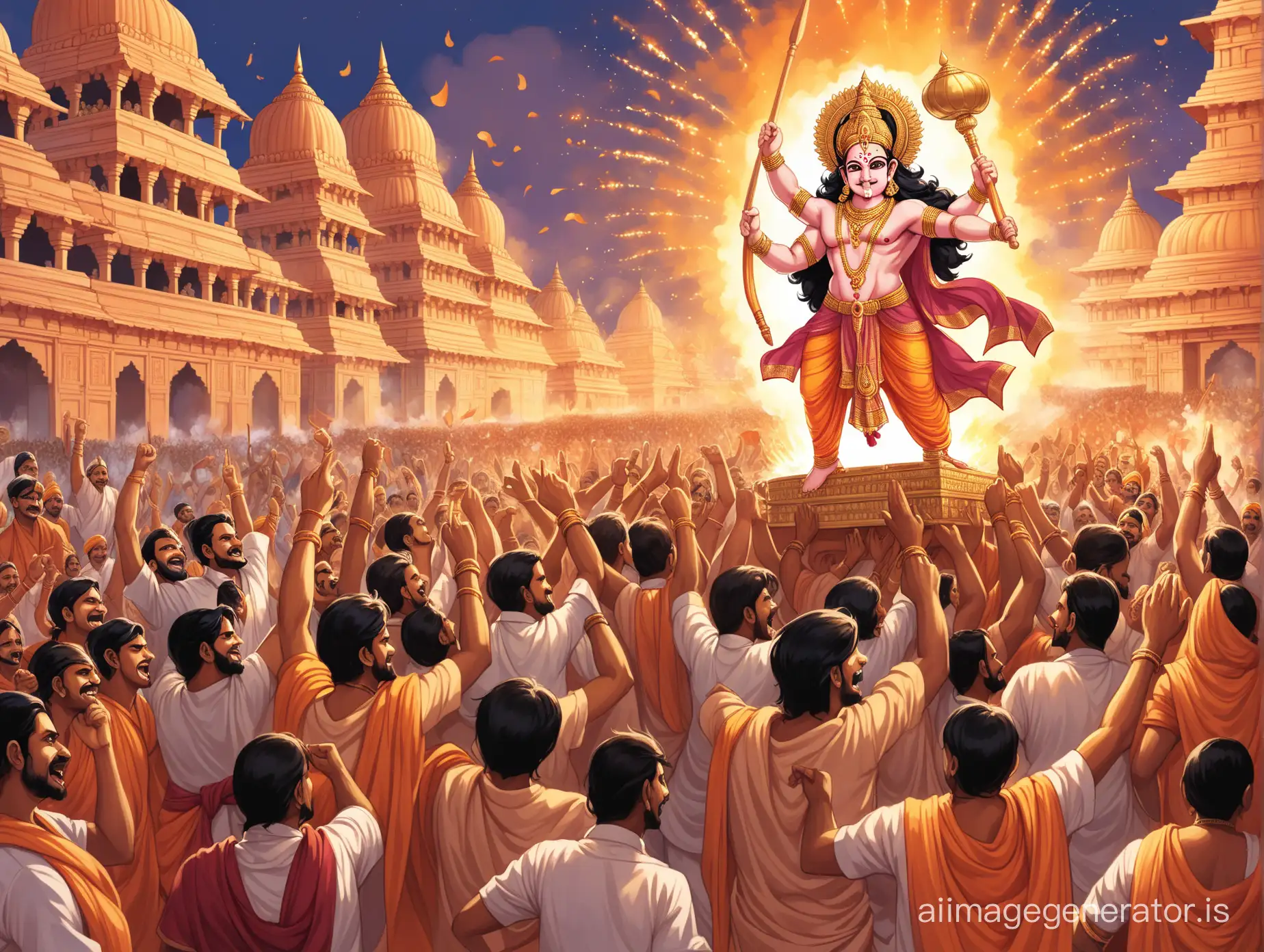 Illustrate Lord Ram's triumphant return to Ayodhya after defeating Ravana, capturing the joyous atmosphere and celebrations among the citizens.