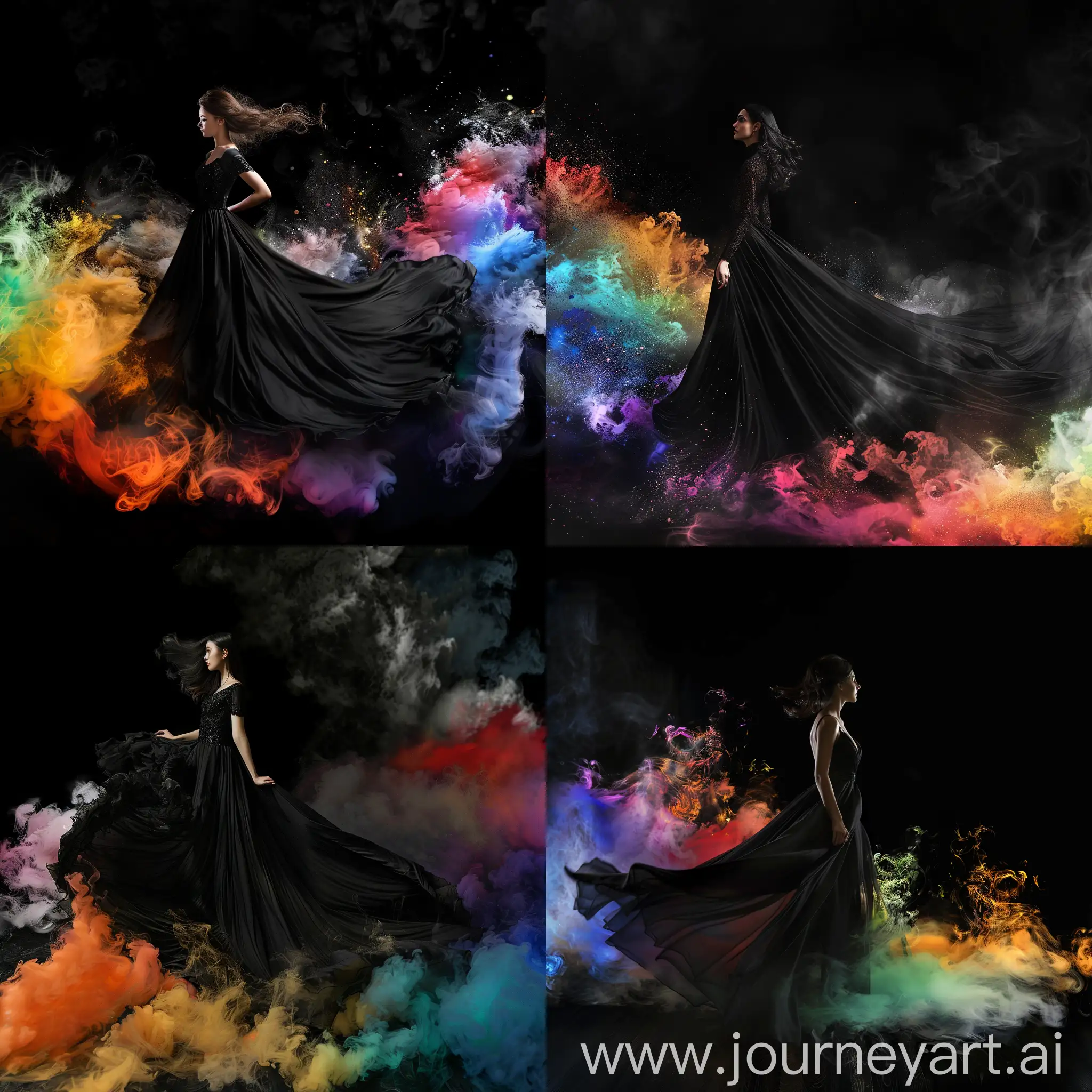 Девушка в чёрном платье с длинным парящим шлейфом на чёрном фоне, вокруг разнообразие цветов в дыму 