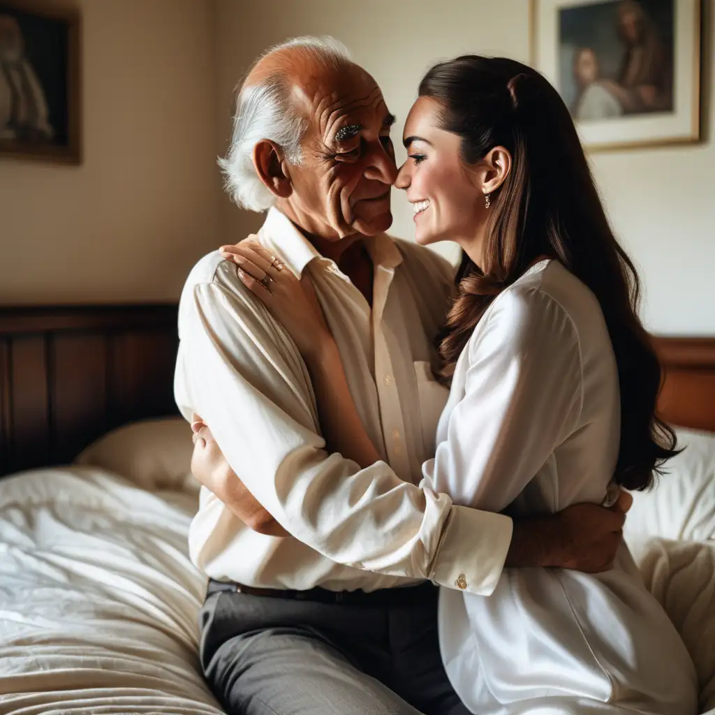 Intimate Embrace of Elderly Andean Man and Kate Middleton in Silky Satin