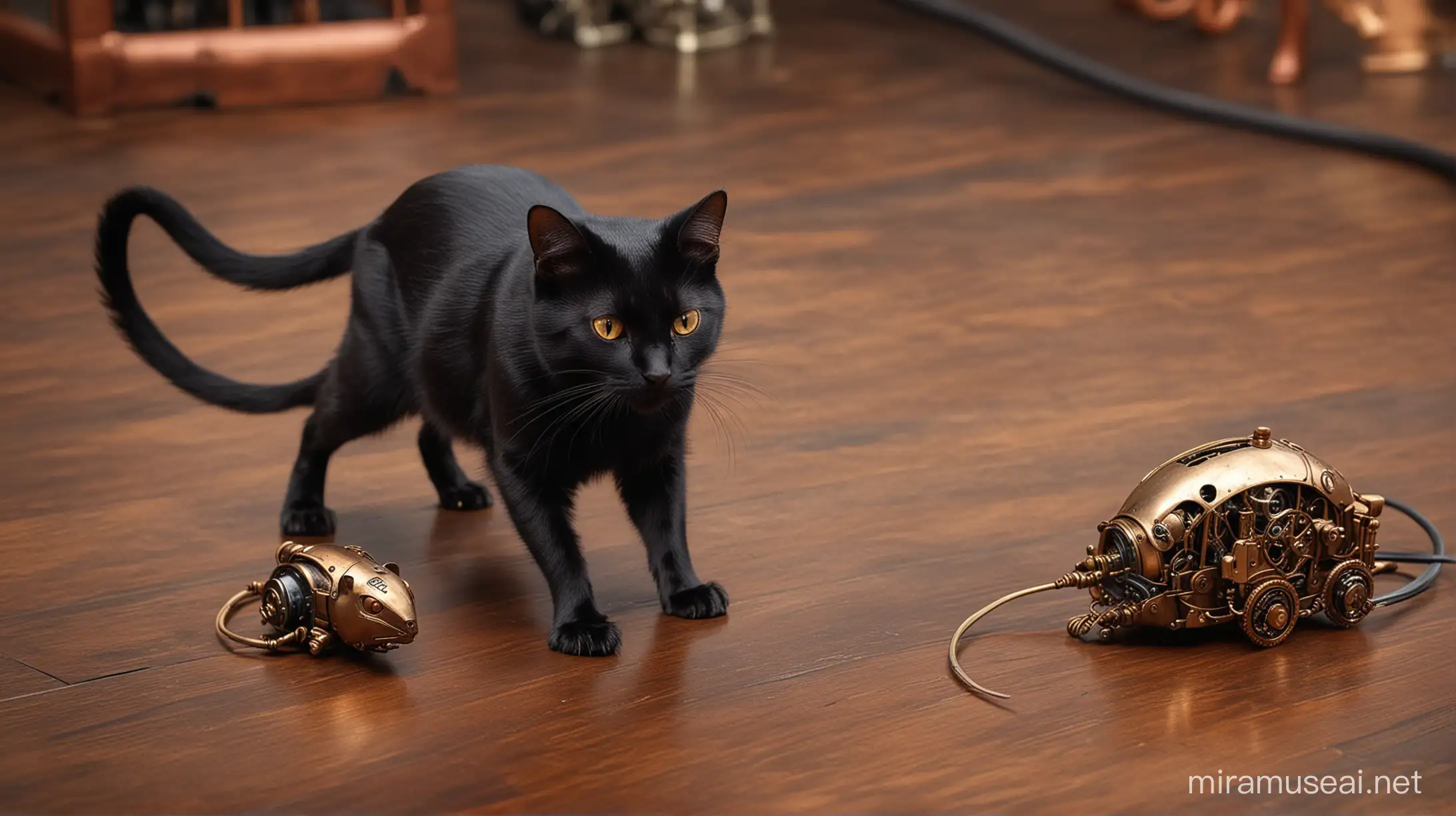 black cat looks at steampunk mechanical mouse made of copper and brass, which runs on the floor