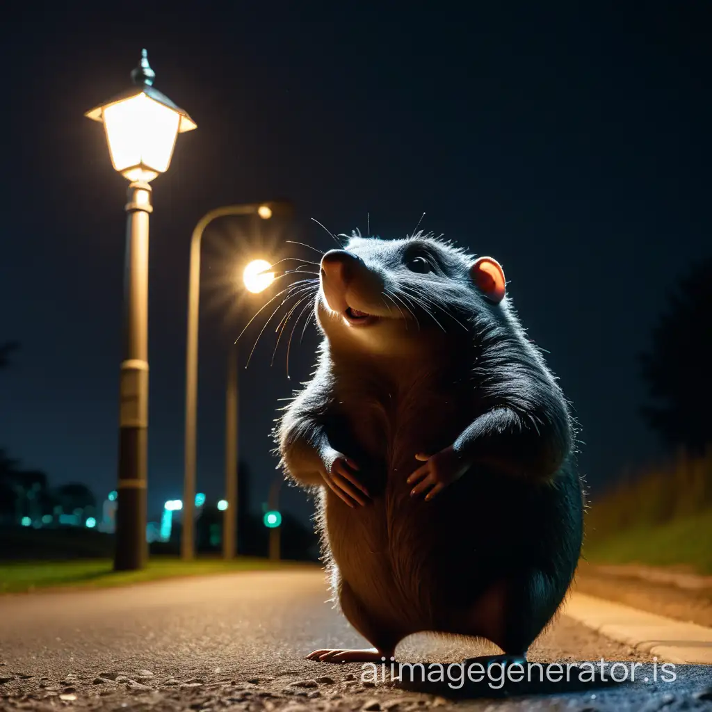 in the night, On a roadside walkway with a street lamp, a mole is facing the camera