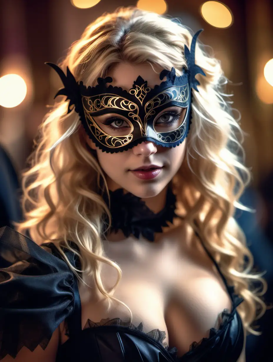 Beautiful Nordic woman, very attractive face, detailed eyes, perfect breasts, messy blonde hair, dressed in an all black masquerade cosplay outfit, close up, bokeh background, soft light on face, rim lighting, facing away from camera, looking back over her shoulder, standing at a masquerade ball, photorealistic, very high detail, extra wide photo, full body photo, aerial photo