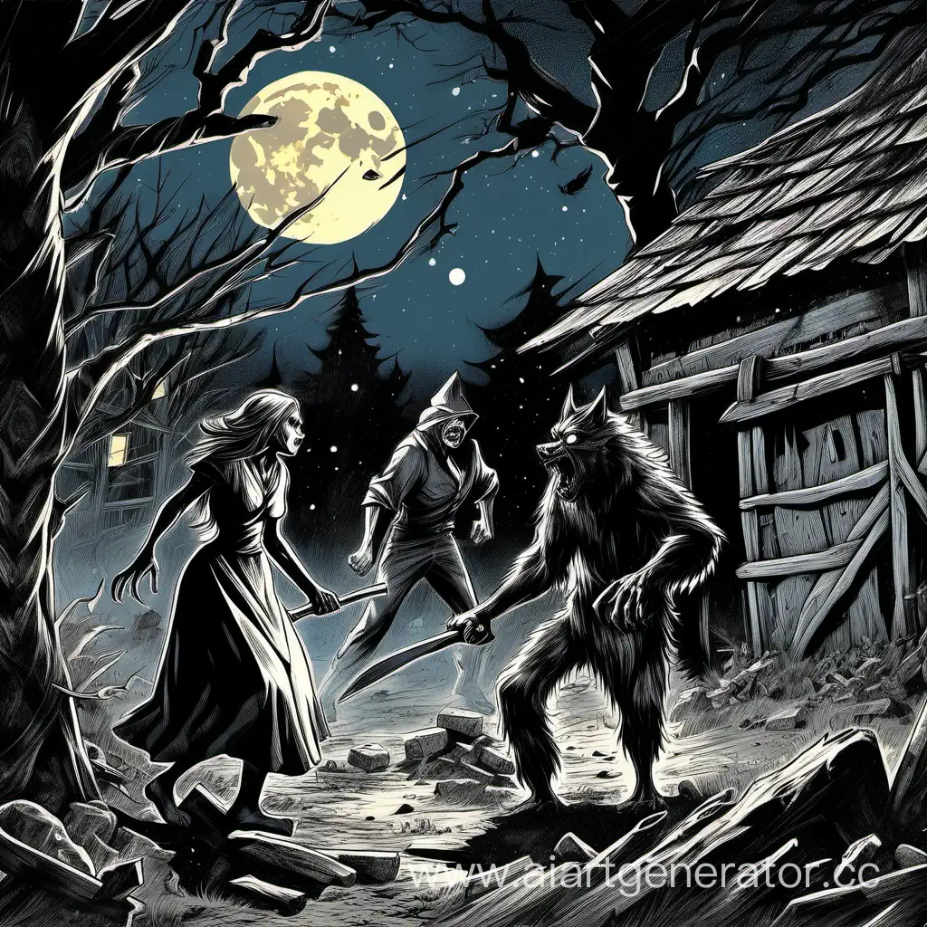 Оборотень и ведьма сражаются ночью в заброшенной деревне под огромной луной
