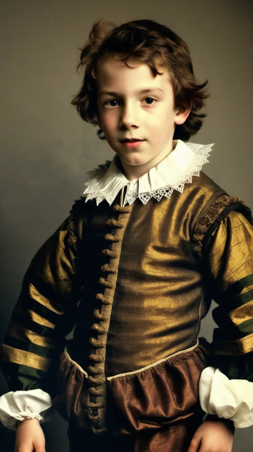 A color profile photo of a young boy dressed as William Shakespeare's son Hamnet, aged 8 years old, set in 1595.