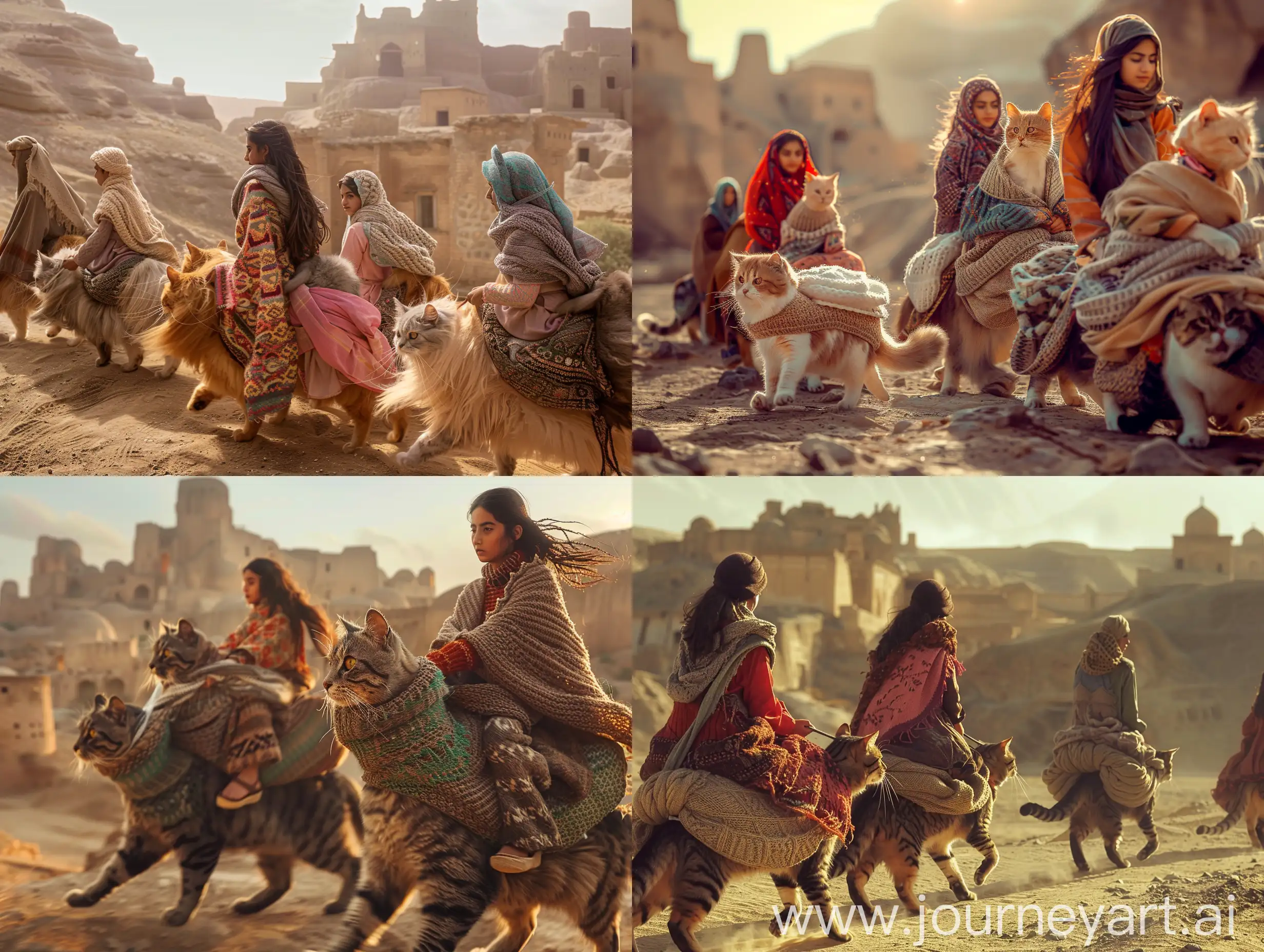 A number of young Persian women riding Persian cats are returning to the Bam Citadel of Kerman, while the cats' trunks are made of knitwear and shawls. in an ancient civilization, in a desert, cinematic, epic realism,8K, highly detailed, low angle photograph, glamour lighting, backlit 