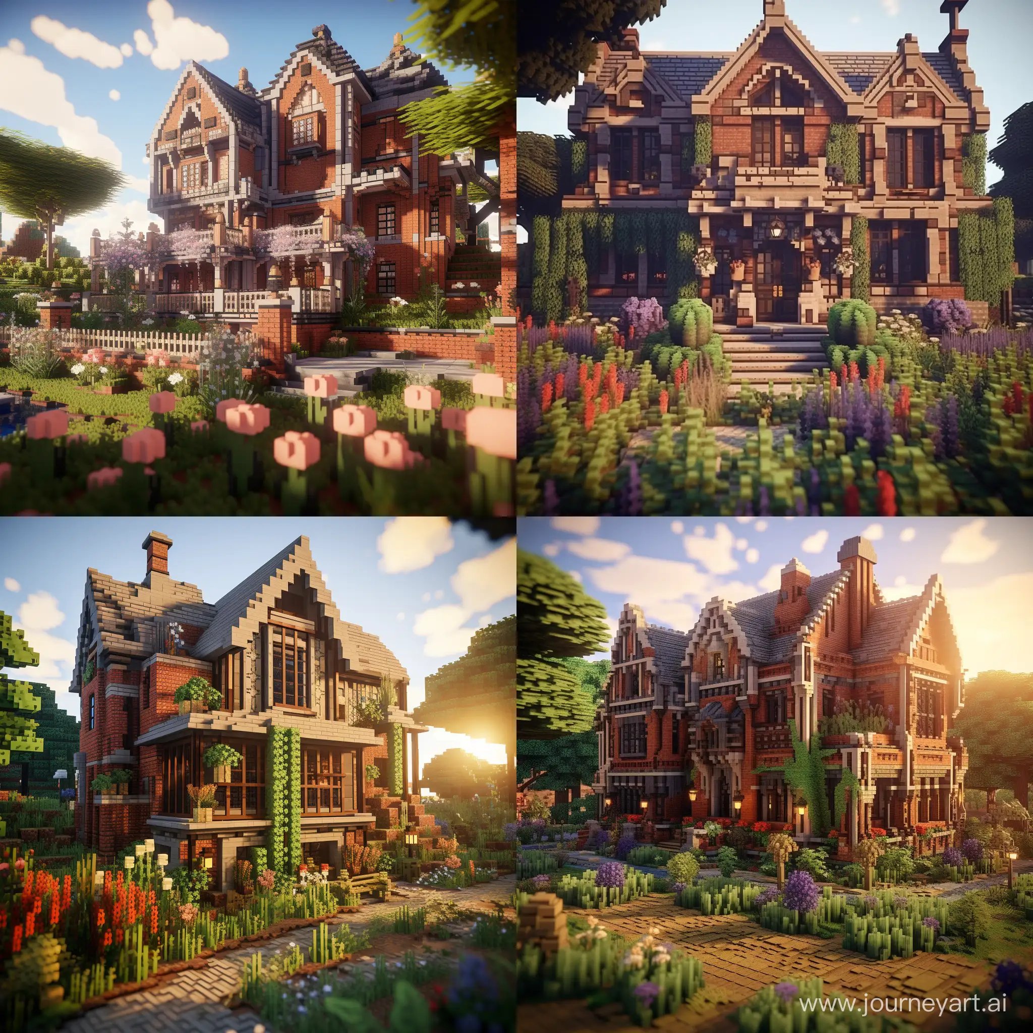 make a minecfrafty victorian house with redbricks, make it big with a garden on a small hill