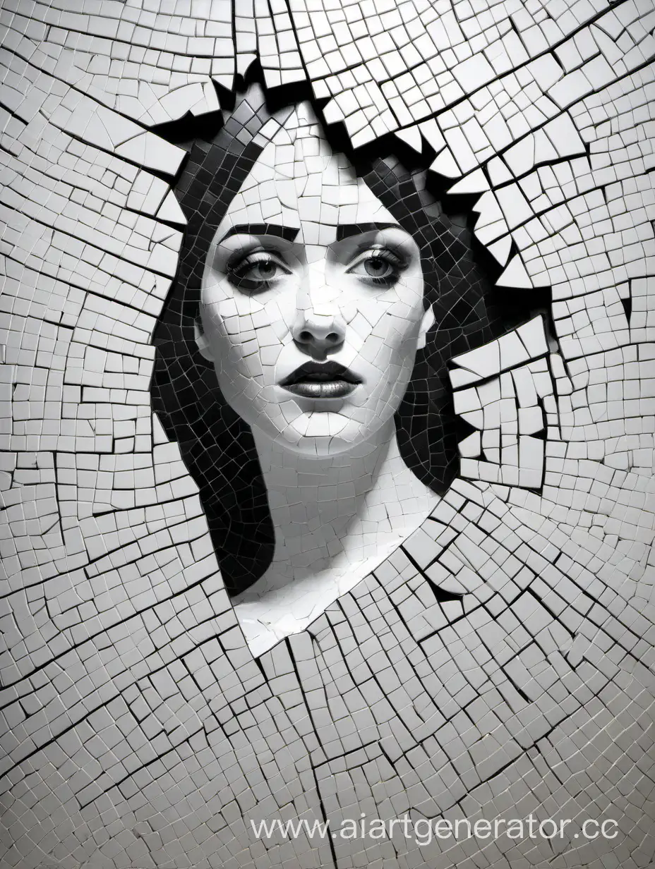 Abstract mosaic of a white background. Lots of broken pieces. Edges having a bit of black, not pure white, of white in few places and blackish texture in few places. I one edge portray a man, helpless, all alone, sad and broken and in the opposite edge portray a woman looking away, bound to never come back. and in a small portion show the women he lost, just glimpses of her

