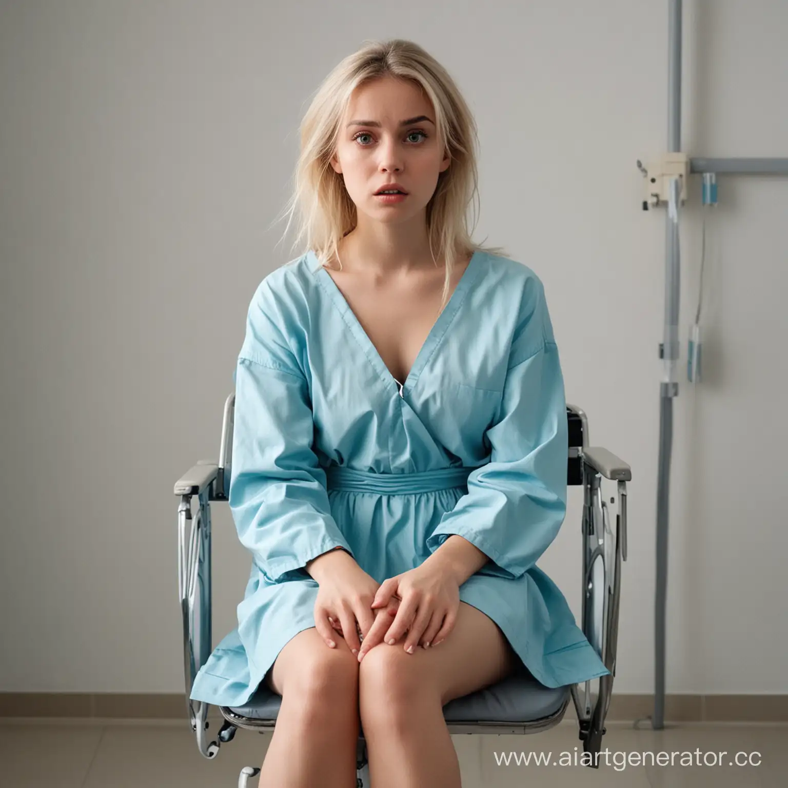 девушка, блондинка среднего телосложения в современной одежде с испуганным видом сидит привязанная к медицинскому креслу