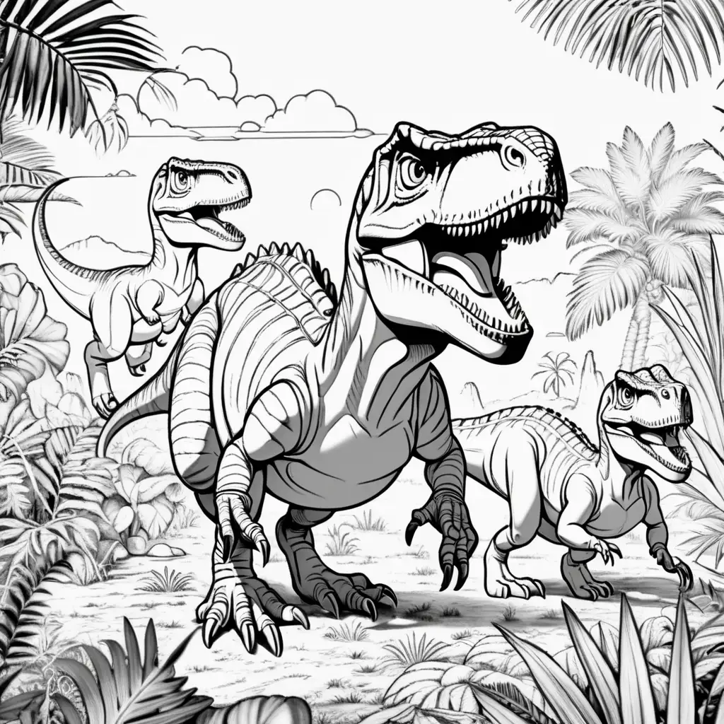  dinosaurs, anime,coloring page, black and white, no shading,  high dof, 8k,--ar 85:110