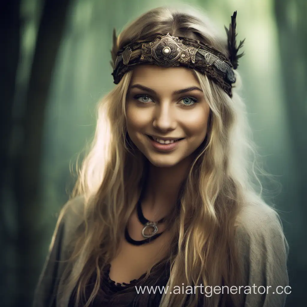 Smiling-25YearOld-Woman-with-Light-Hair-and-Eyes-Wearing-a-Headband-in-Baba-Yaga-Costume