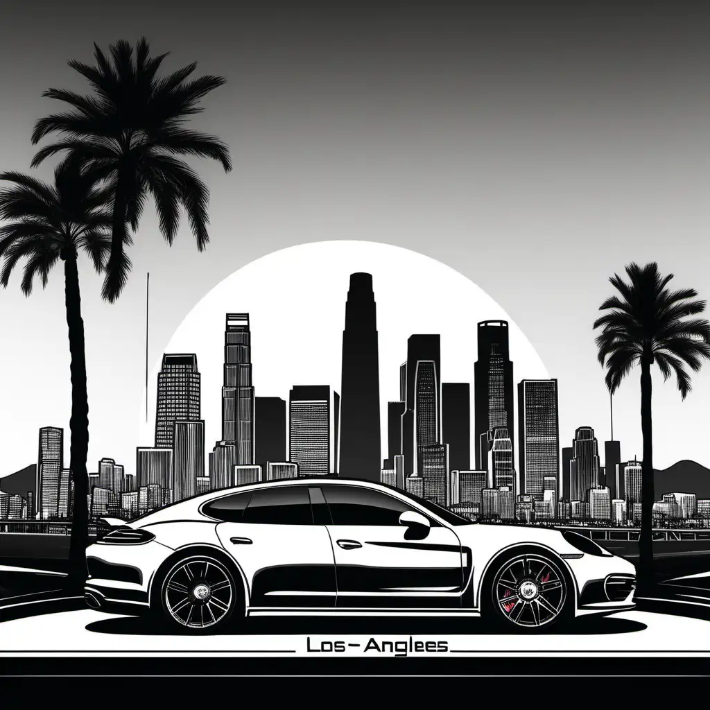 A black and white logo featuring the Los Angeles skyline as the backdrop, with palm trees swaying in the breeze, and a 2023 Porsche Panamera GTS being polished by a person.