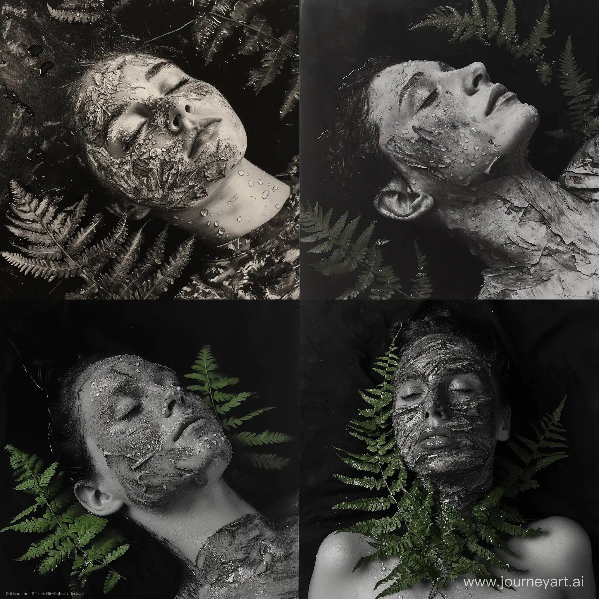 Black and white photograph of a reclining woman, Frederic Vermeeren, art photography, raindrops on face, top view, green fern leaves lying on her chest, monochrome, wildlife portrait, Tim Hildebrandt, 8 k art photography, weathered face, high detail, oil watercolor in broad strokes.  v6