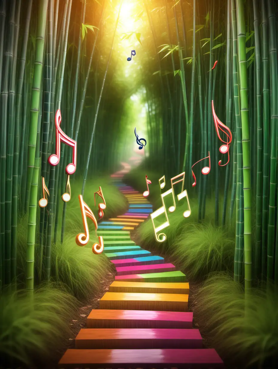 顏色繽紛的音符,在浪漫色彩的竹林裡,中間有音符步道