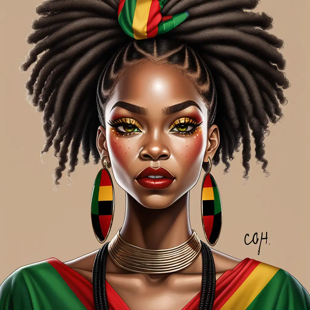 digital illustration that depicts an African American woman with a powerful and proud expression. The woman's hair is styled in a series of thick, colorful dreads wrapped up high on her head, featuring the pan-African colors of red, green, gold, and black. These colors are often associated with Black pride and heritage. Her makeup is striking, with glittery golden eyeshadow and bold red lipstick, and she has prominent eyelashes. She also wears large hoop earrings and her shirt bears the pan-African flag with the words "I am BLACK HISTORY," signifying a strong message of pride in her heritage.

On the right side of the image, there's an acronym for "BLACK" that stands for:

B: Honor
L: Inspiration
A: Strength
C: Truth
K: Overcoming
R: Respect
Y: Yours and Mine
This acronym emphasizes various virtues and values celebrated within Black history and culture. The image overall symbolizes empowerment and a celebration of Black history and identity.