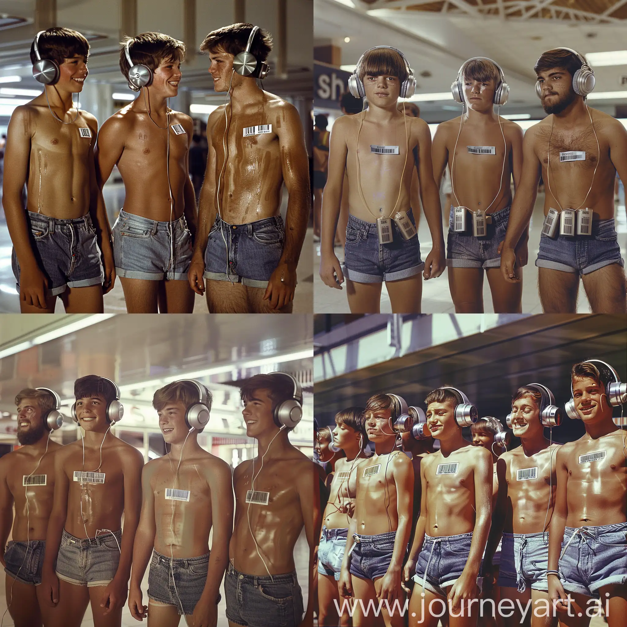 Handsome muscular teenage boys and handsome muscular middle-aged men each wear silver headphones and fitted cutoff denim shorts, dazed smiles, small barcode attached to each man's chest, 1960s shopping mall setting, facial hair, facing the viewer, mass indoctrination, color image, hyperrealistic, cinematic