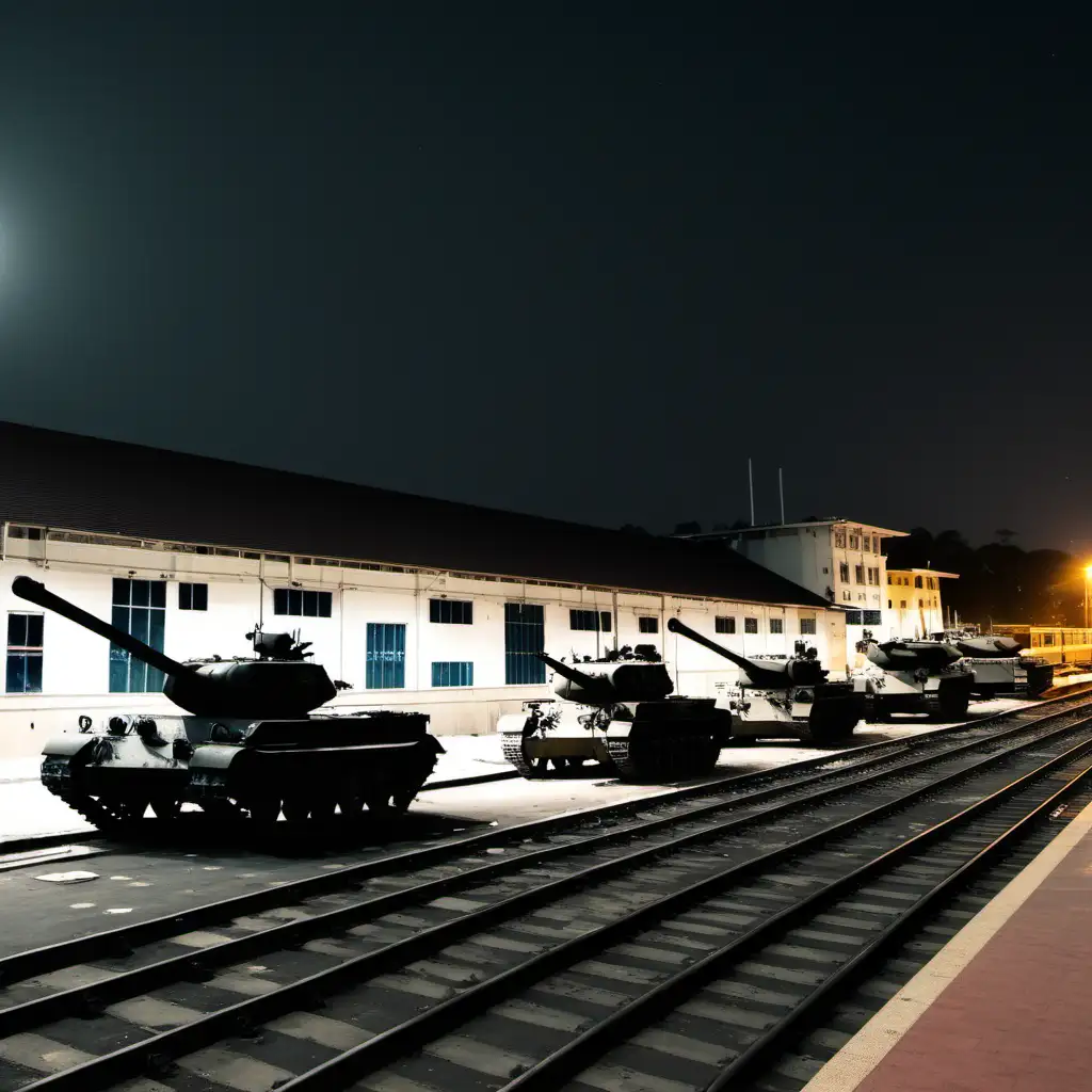 10 old Army tanks on an Army base next to a train station at midnight.