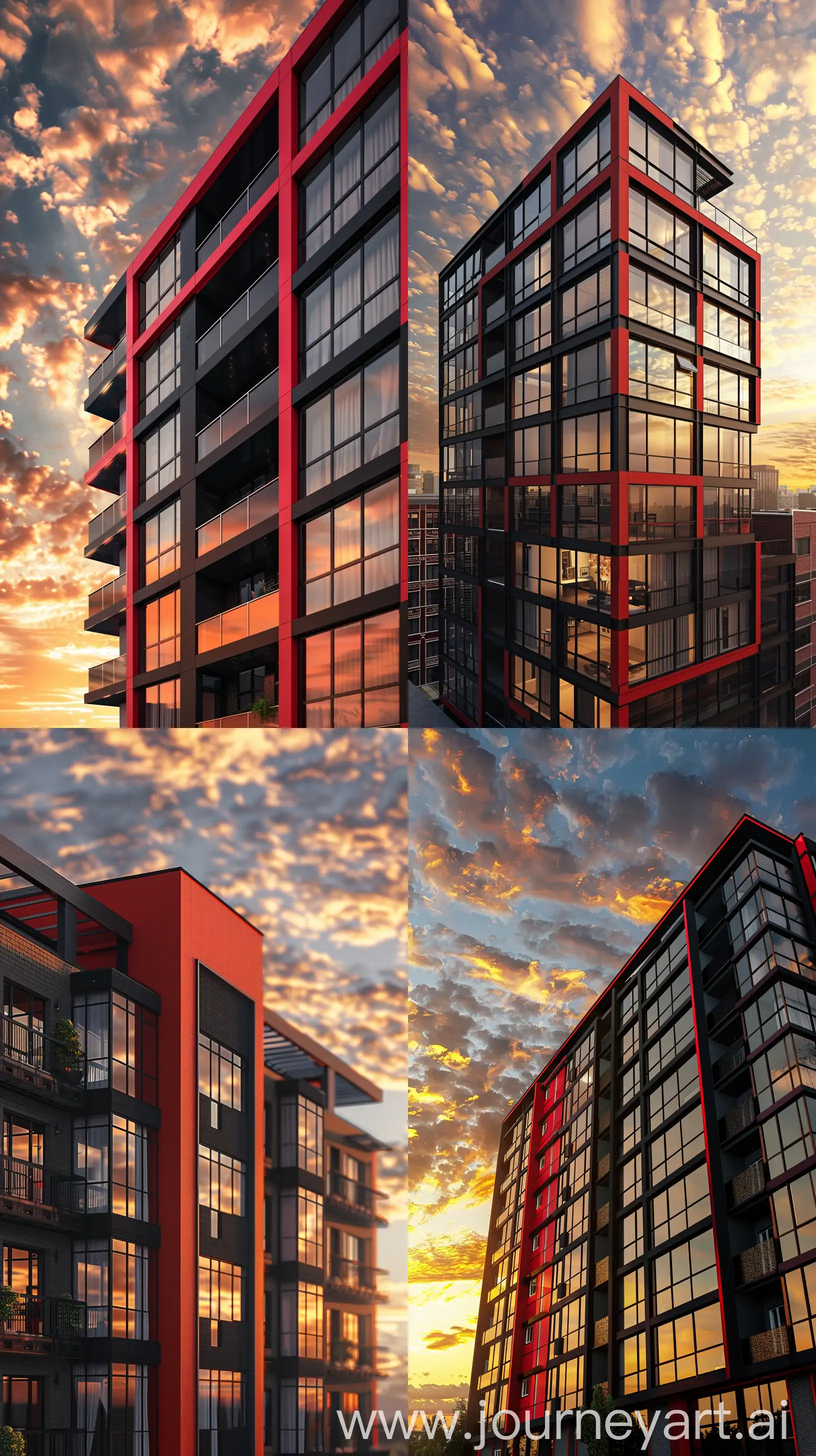 a 3d rendering of a red and black apartment building realistic with black glass windows + the sky has a golden hour --ar 9:16