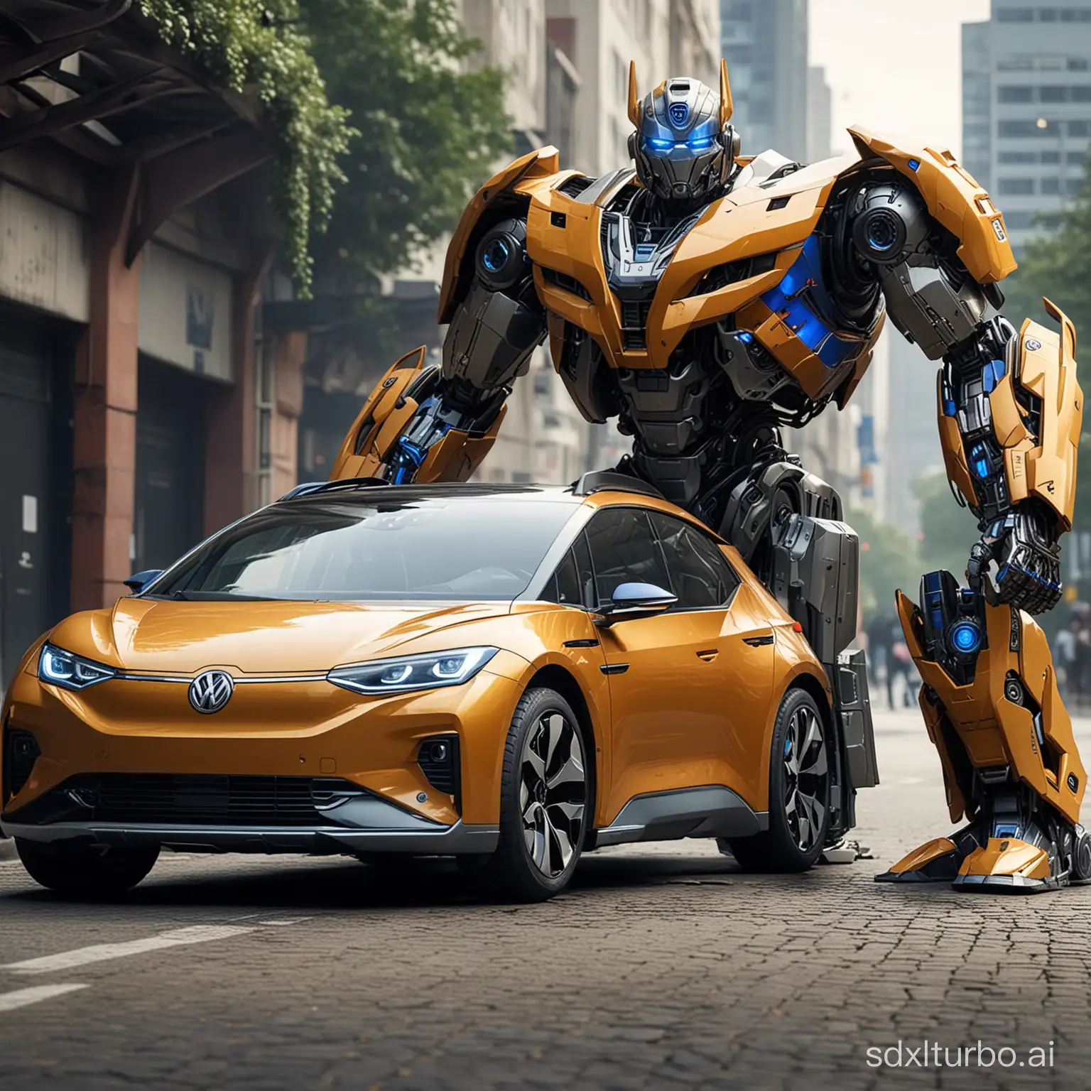 a volkswagen ID3 can standing Like the Autobots in Transformers, they have hands, feet, faces and expressions