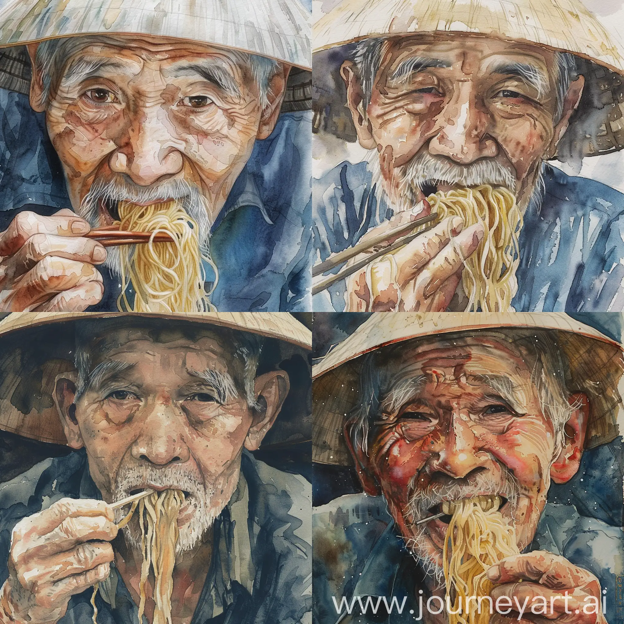 watercolor ilustration of a vietnamese old man eating noodle,close-up, in high quality watercolor style