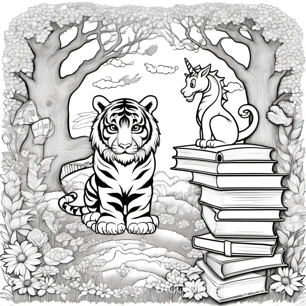 Whimsical-Garden-Coloring-Page-with-Tiger-Dragon-Unicorn-Gnome-and-Rainbow