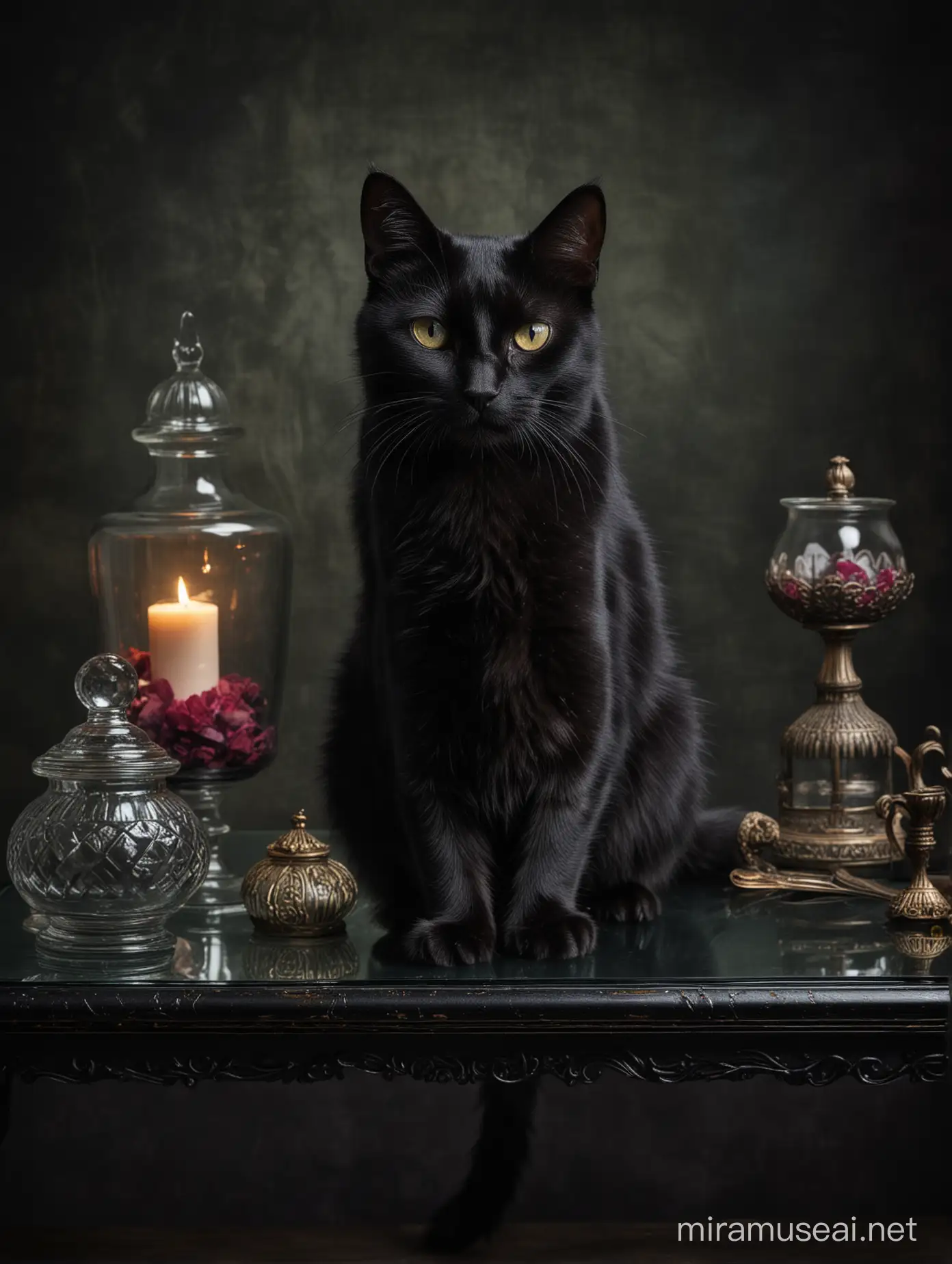 A studio portrait of  a black cat on a glass table, with a dark background. The theme is of Alice in Wonderland, with lots of relevant props....all done in a dark gothic style. 
