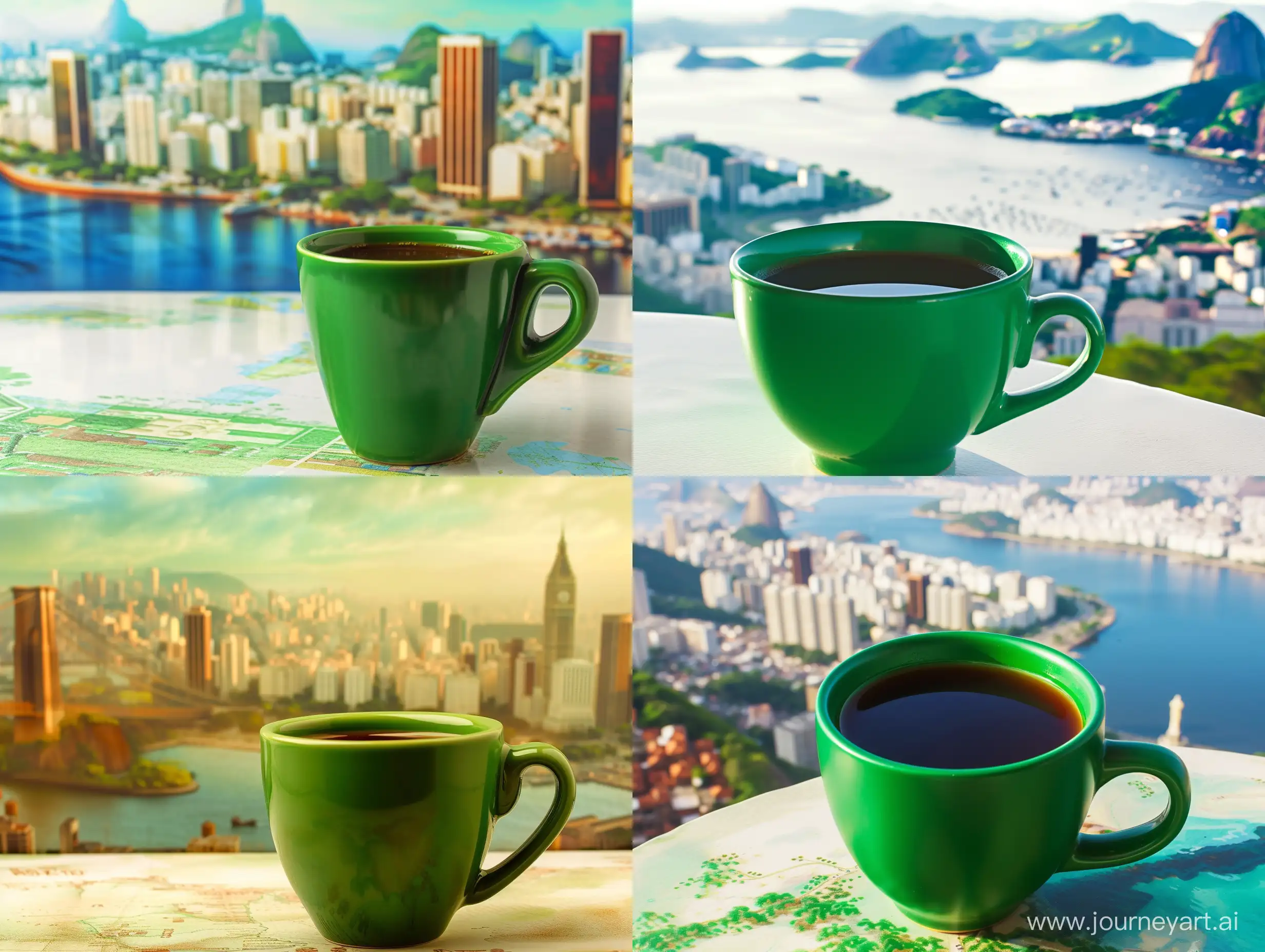 зеленая чашка с кофе наклонена вперед, на фоне бразильских достопримечательностей в стиле Айвазовский