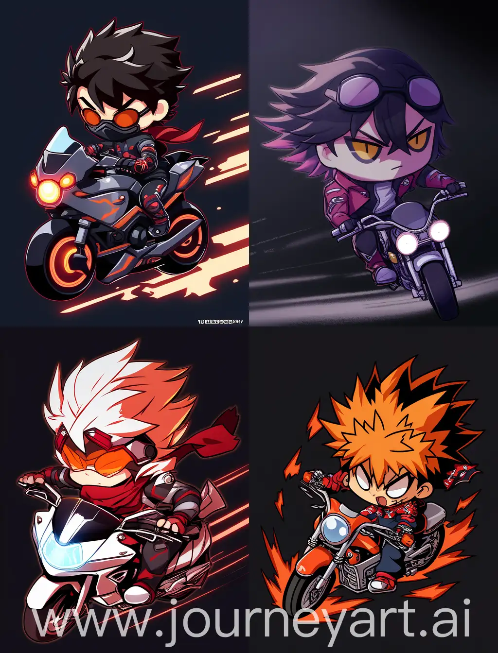 angry chibi anime guy riding a motorcycle, cartoon anime style, with strong lines, with dark solid background