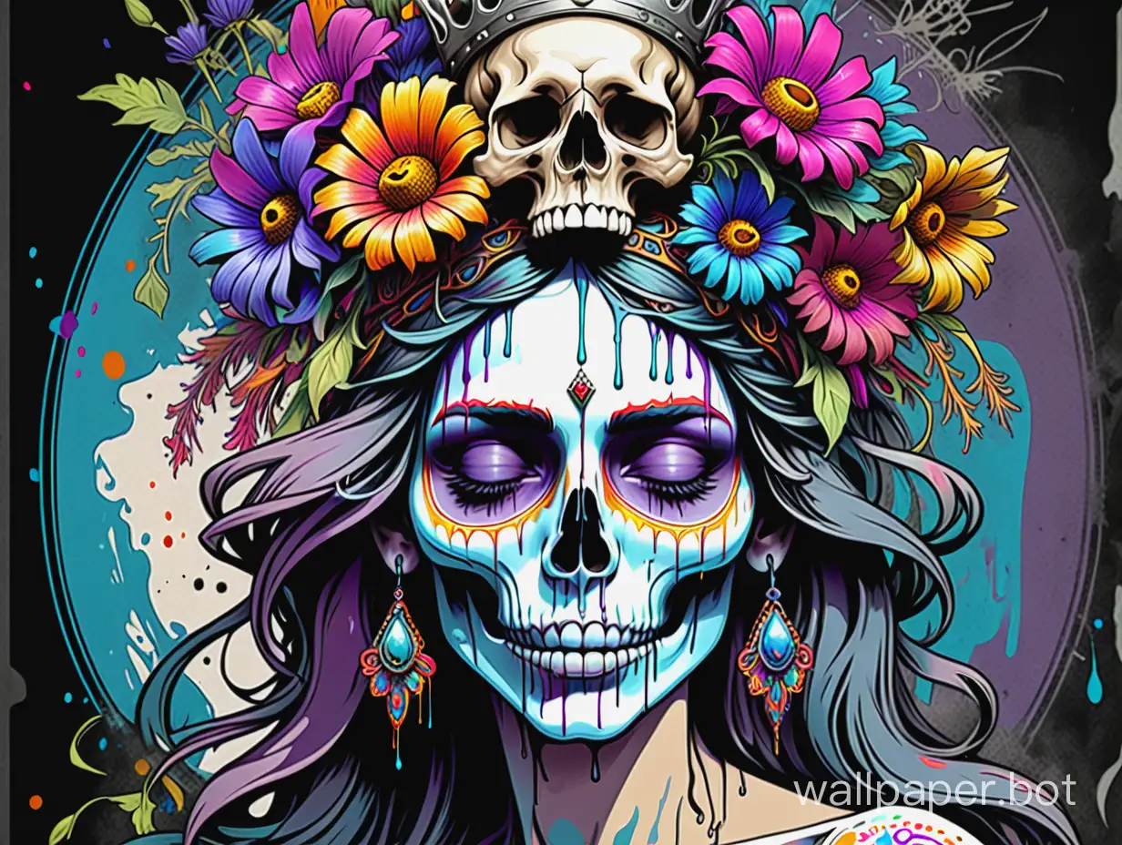 gypsy woman, crazy skull face crown,  closed eyes, assimetrical, Alphonse Mucha poster, explosive multicolored wild flowers dripping paint, punk art, high textured paper, hyper-detailed line art , black magic, high contrast colors, sticker art