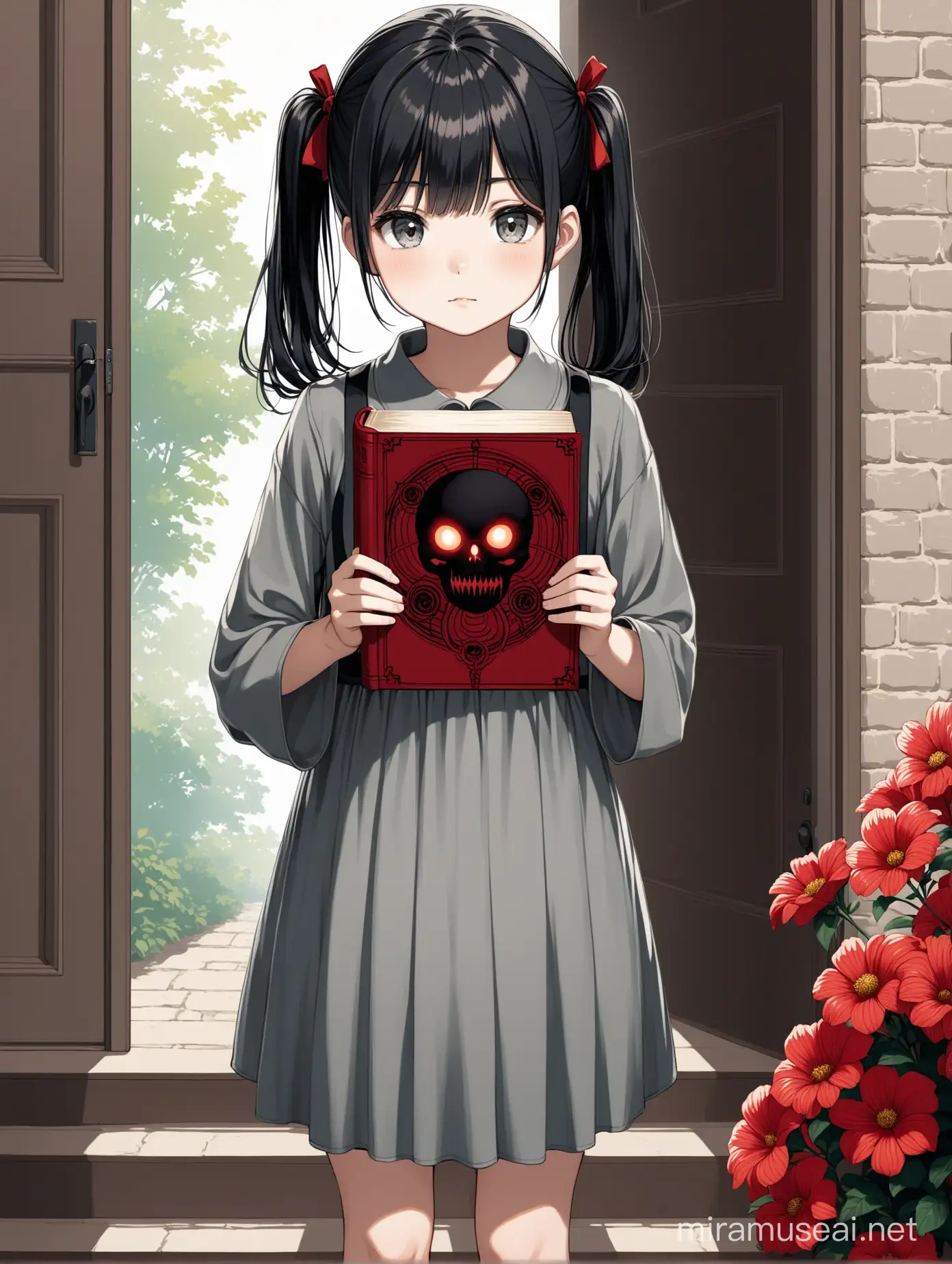 Young Girl with Necronomicon Book and Red Flower Hairpin