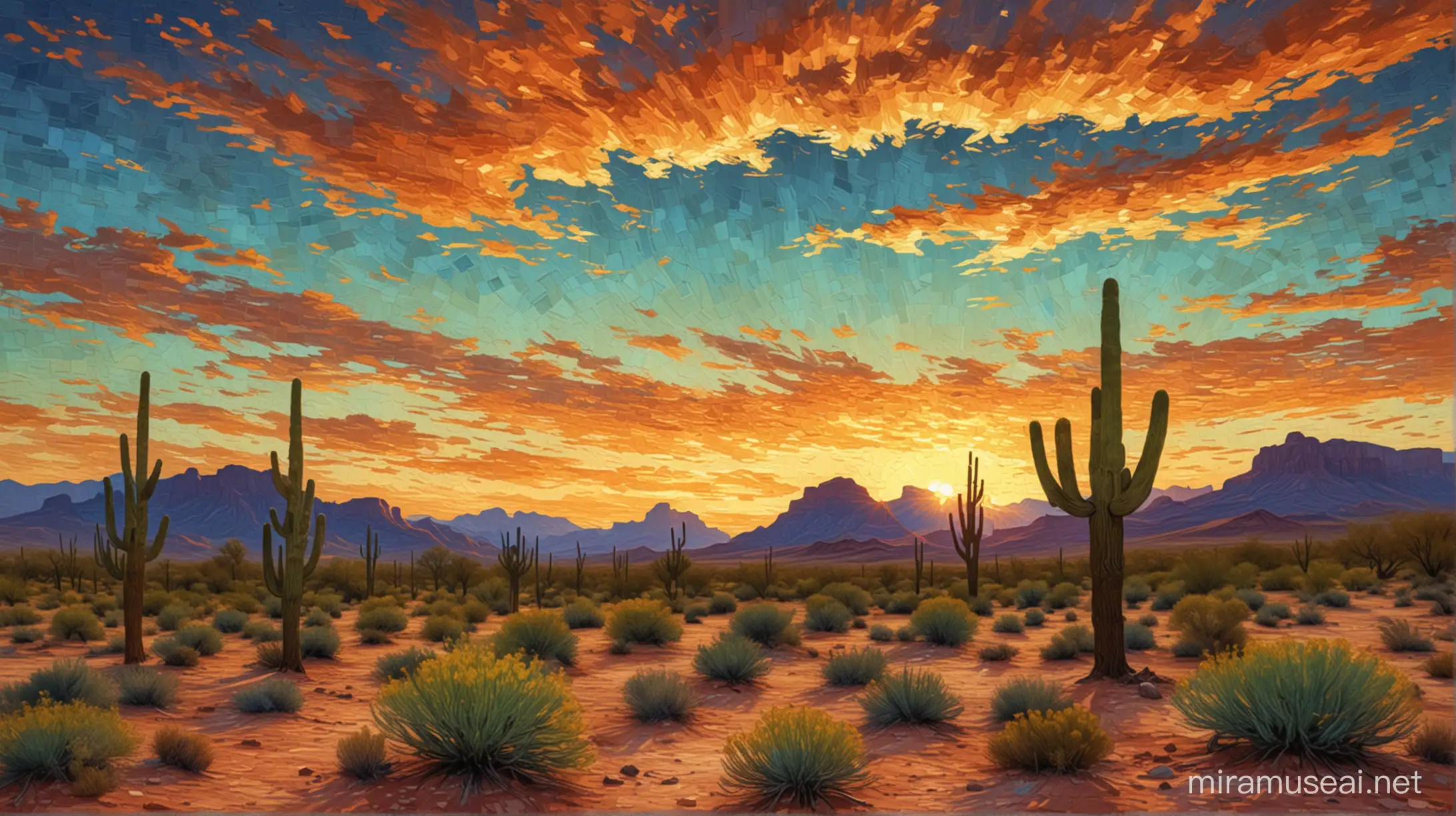 An Arizona desert sunrise in the style of Van Gogh.