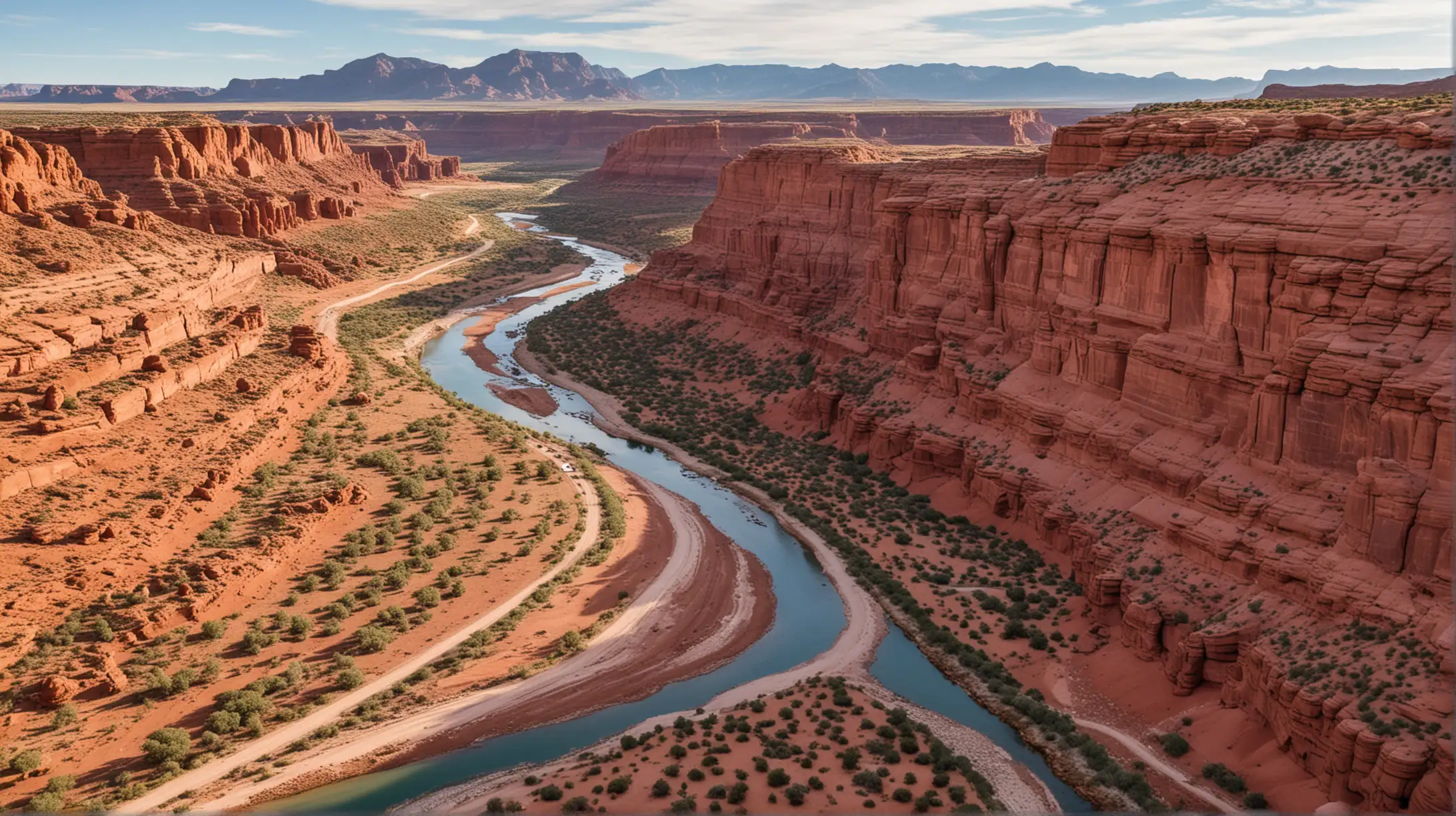 aerial view of Dirty Devil River in Utah, jeep trail along left side, a red Ford pickup truck on trail, colorful red rocks landscape.