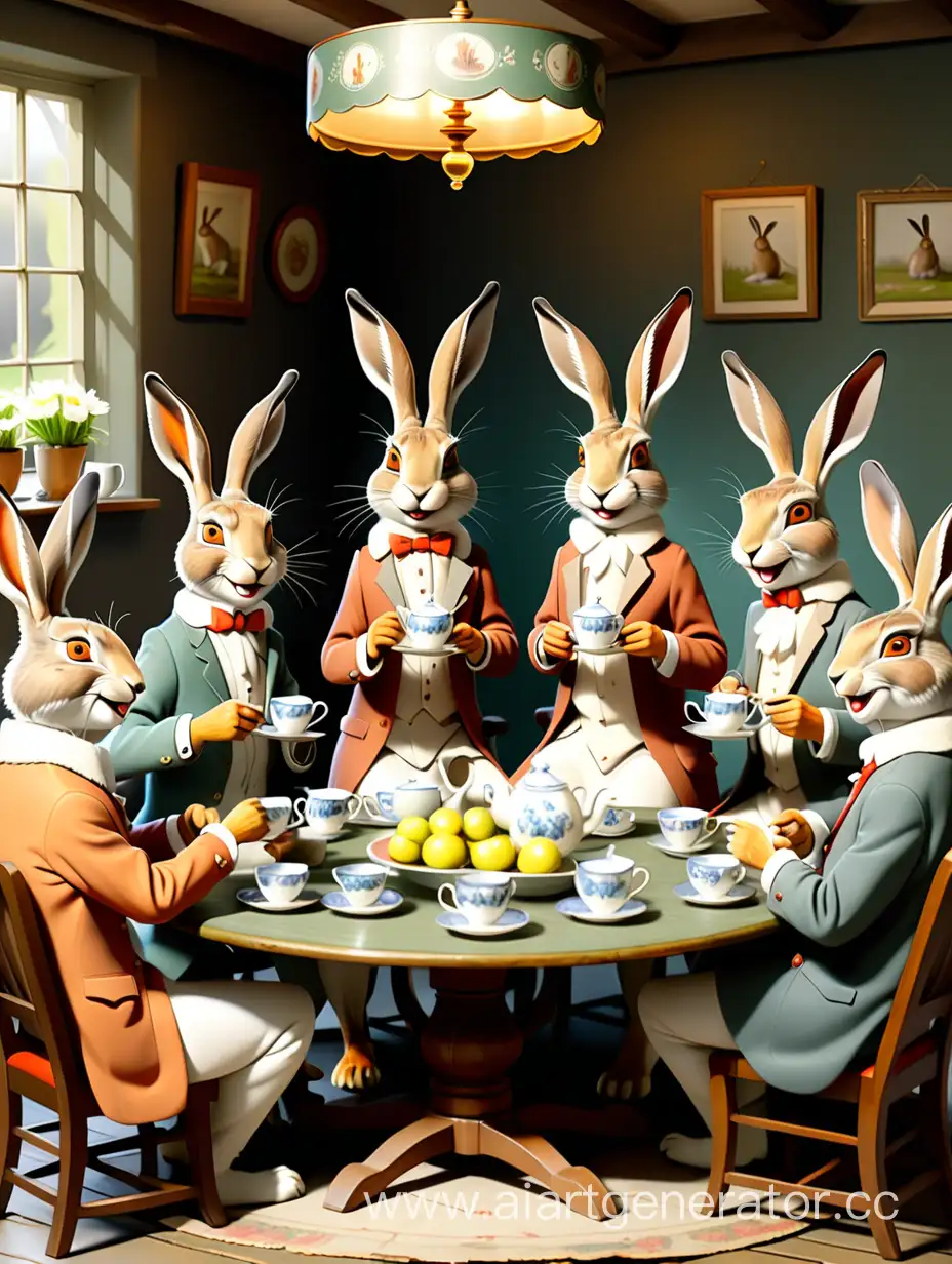 Зайцы сидят за круглым столом и пьют чай все радостные и счастливые