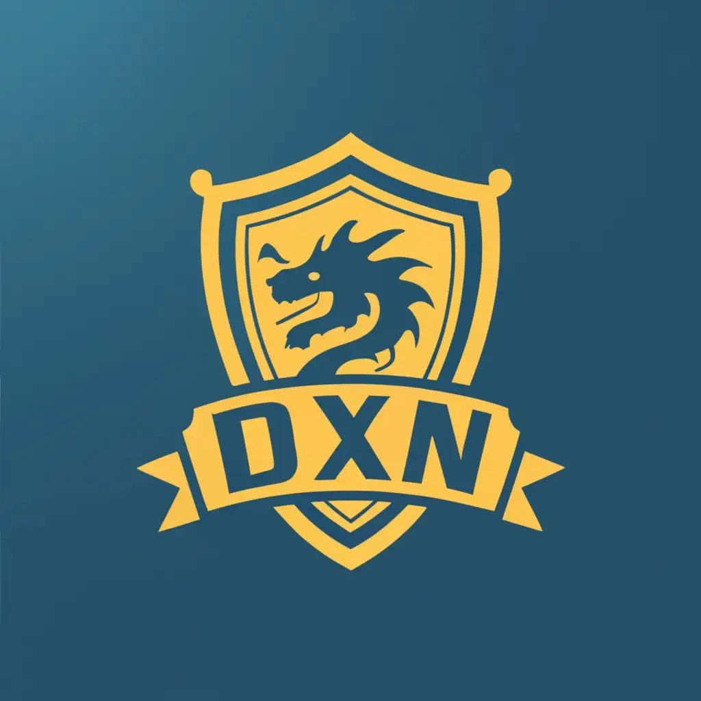 logo, Shield with dragon slide, with the text "DXN ", typography