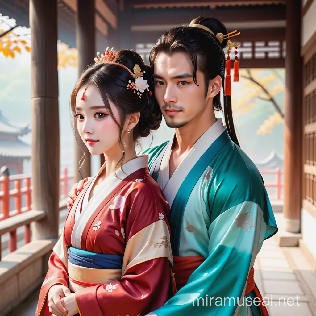 Romantic Hanfu Couple Embracing in Ancient Setting