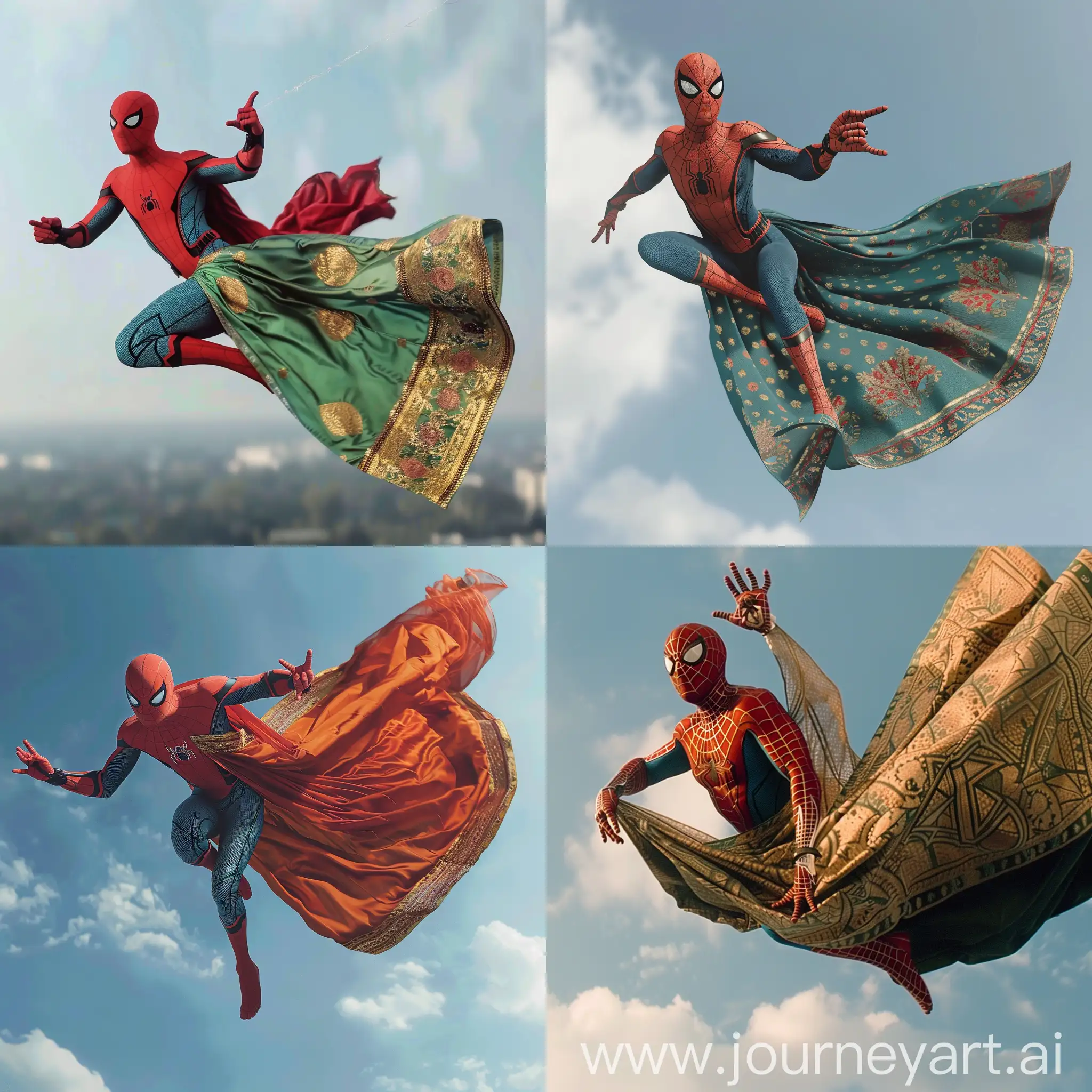 spiderman flying in a saree