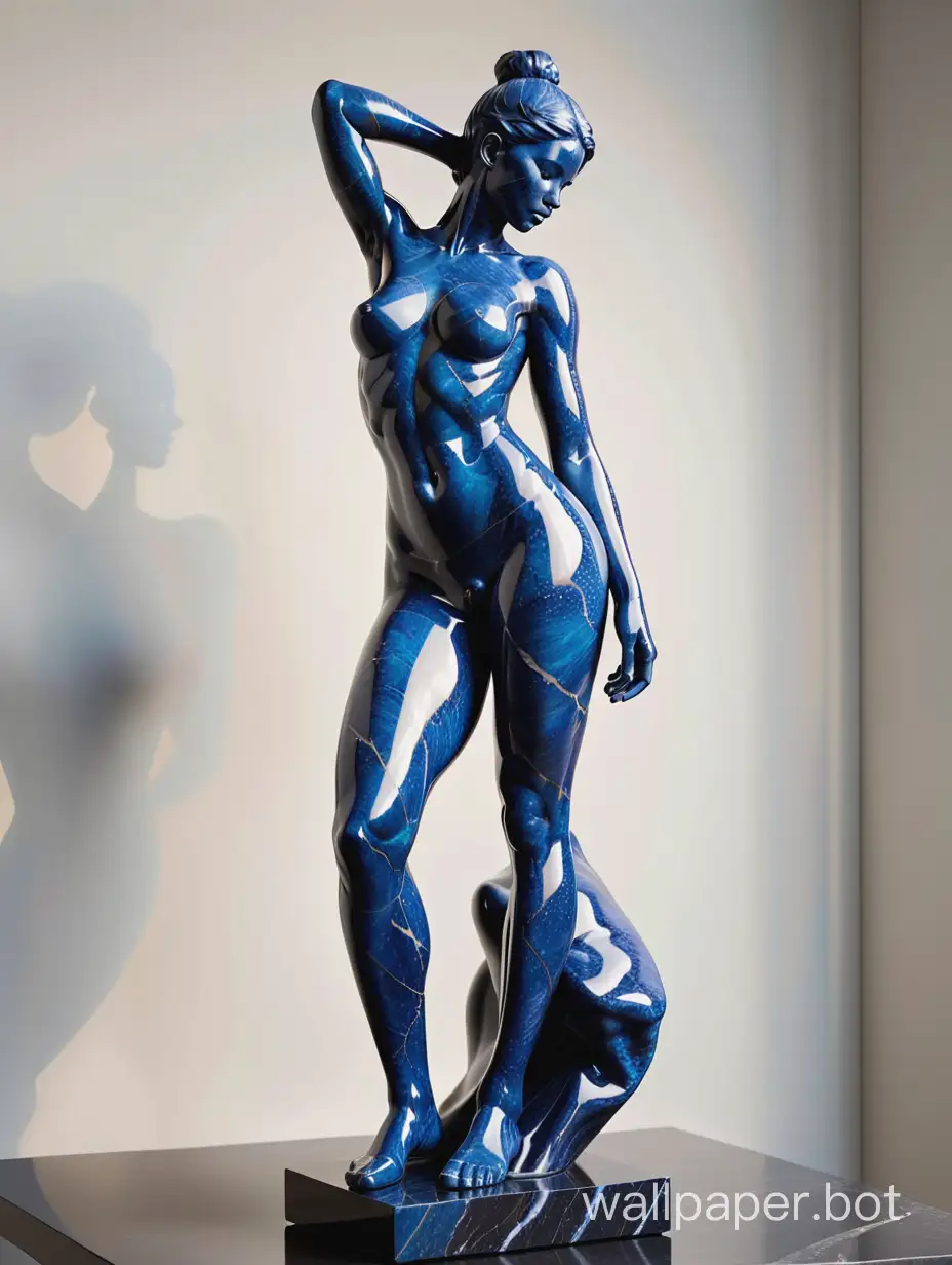 Generate a detailed description of 'Naked Formations', a collection of sculptures that depict the human form in blue marble. Each sculpture in this collection is a celebration of the raw beauty of the human form, capturing elements of grace, poise, and vulnerability. Describe the intricate details and the high-quality craftsmanship that bring each figure to life, highlighting the subtle curves and contours of the body. Some sculptures may portray the human form in dynamic action, while others may depict it in serene repose. Emphasize the enduring allure of the nude form and the artistry that these sculptures represent.