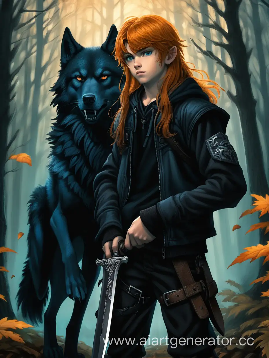  один подросток, один парень, оранжевые длинные волосы, голубые глаза, в руке он держит кинжал, на фоне темный лес, парень одет в одежду вора, рядом огромный черный волк, очень большой волк 