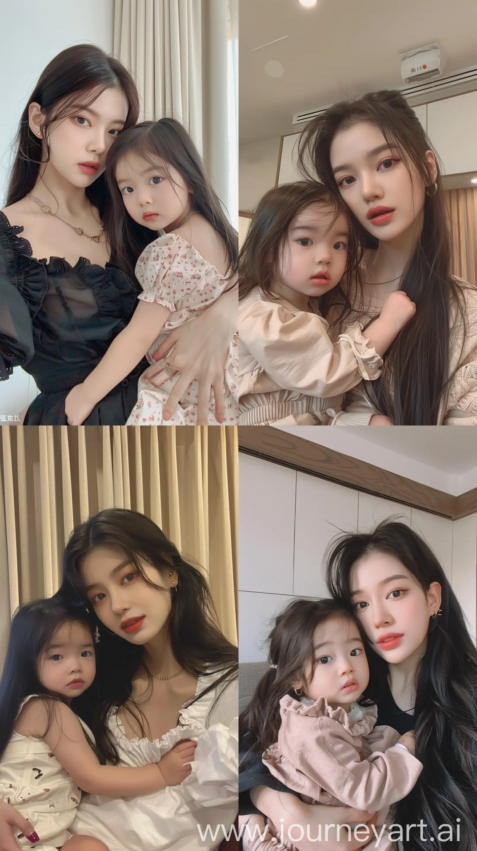 blackpink's jennie holding 2 years old girl, facial feature look a like blackpink's jennie , aestethic selfie,  --ar 9:16