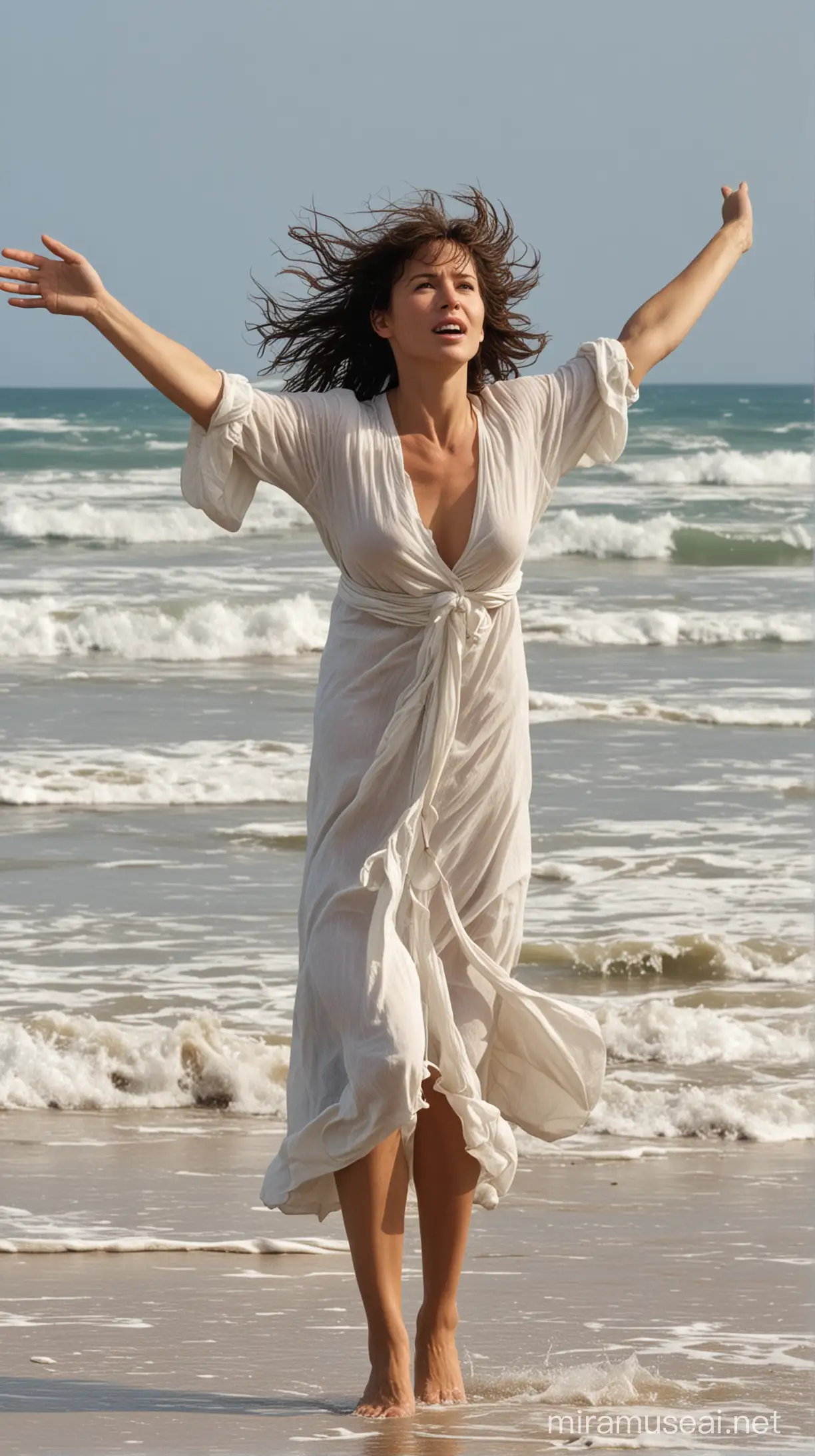 A defiant Sophie Marceau stands on a windswept beach, arms outstretched, hair whipping in the wind. The vastness of the ocean stretches out before her.