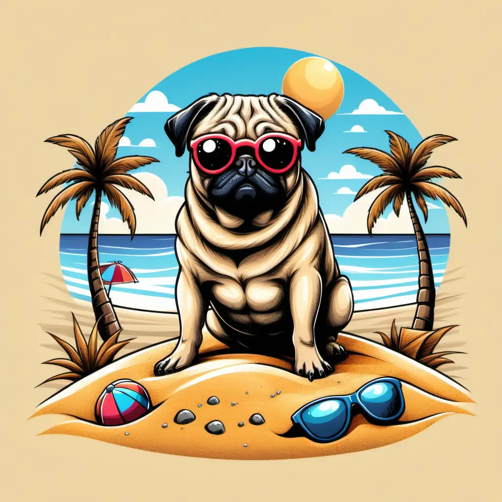 Cartoon pug in sunglasses on the beach, sand, 7 colors in image, design for a t-shirt