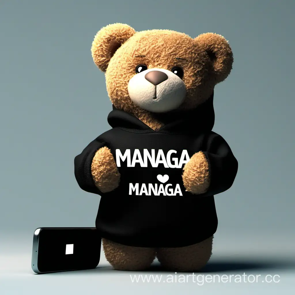 teddy bear in a black sweatshirt with the inscription "Managa" on the sweatshirt. Phone in hand
