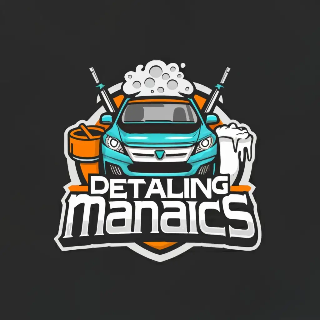 a logo design,with the text "Detailing Maniacs", main symbol:Car, Waterbucket, Foam,Moderate,be used in Automotive industry,clear background