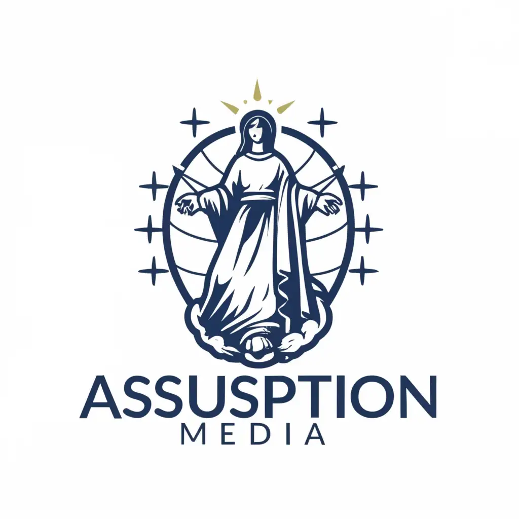 a logo design,with the text "Assumption Media", main symbol:Mary, Blessed Mother, Assumption, stars, Catholic, standing on world,Moderate,be used in Religious industry,clear background