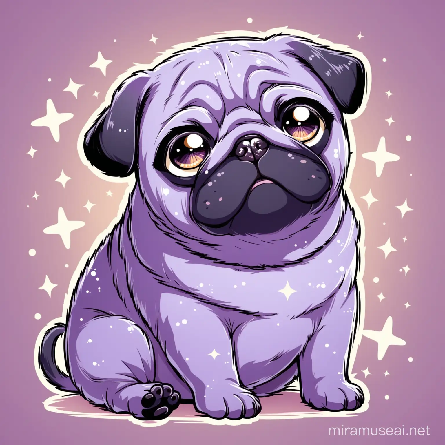  a charming purple pug with large, expressive eyes that seem to sparkle with mischief. Its coat is a deep shade of purple, with soft fur that begs to be petted. The pug's wrinkled face wears a friendly expression, and its floppy ears add to its endearing appearance. With a wag of its curly tail sitting on the left of a rectangular background