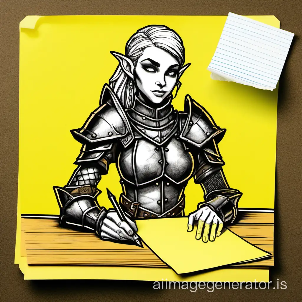 D&D, attractive female elf, medium chest, wearing leather armor, character drawn on a yellow sticky note. Style is drawn with a ballpoint pen on a yellow sticky note. The sticky note is on a wooden table and is surrounded by other sticky notes with previous attempts at drawing the same character.