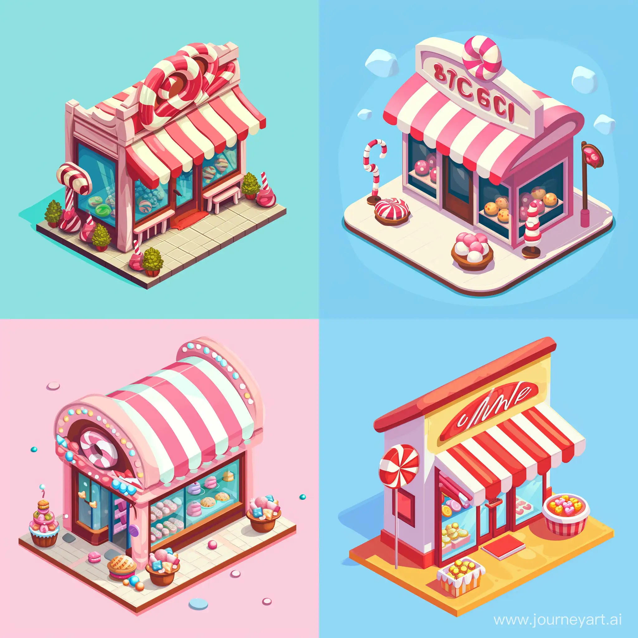 isometric primitive candy cartoon shop, in vector style