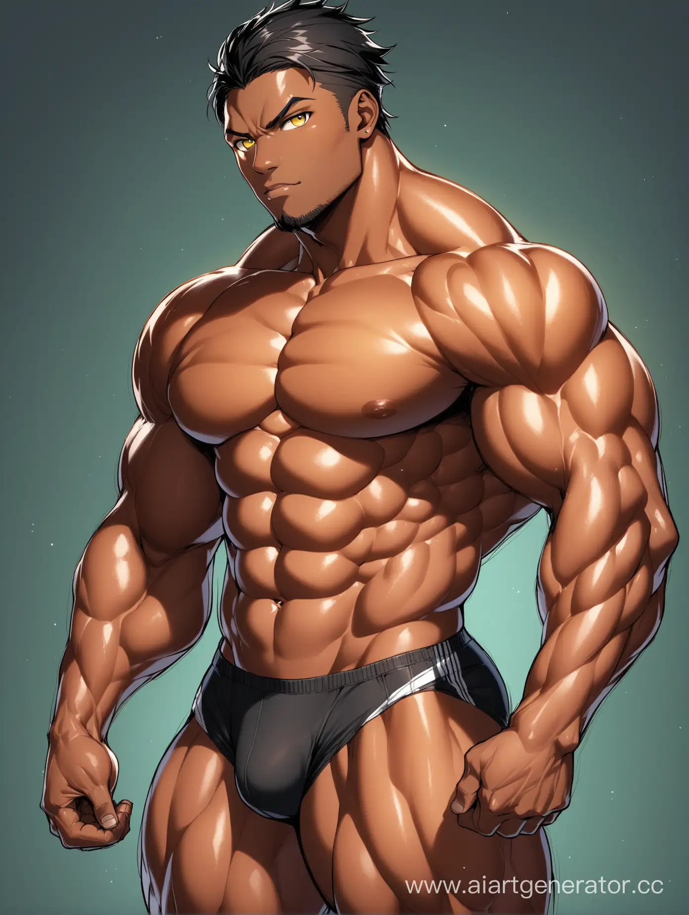 A 30-year-old man with dark skin and medium-length black hair, bright yellow eyes. The physique is very strong, the muscles are prominent and well developed, he has a wide chest and shoulders. He is 180 centimeters (5ft 10.2in) tall and weighs 95 kilograms (209.44Ibs) where 35 kilometers (77.16Ibs) is his muscles (muscle mass).