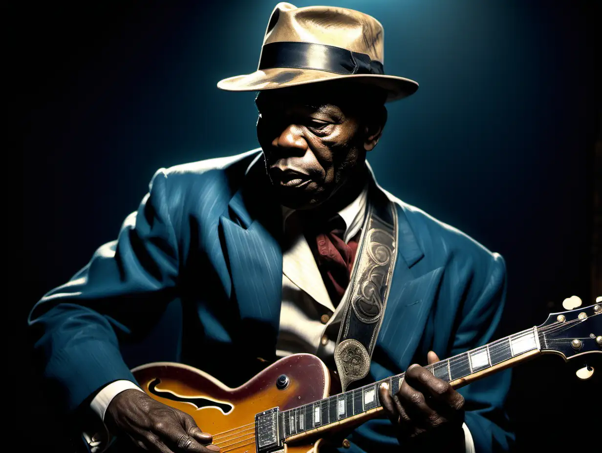 John Lee Hooker playing guitar in an old blues club in style of photorealistic by frank frazetta, photograph, high detail, elegant, close up and dark background