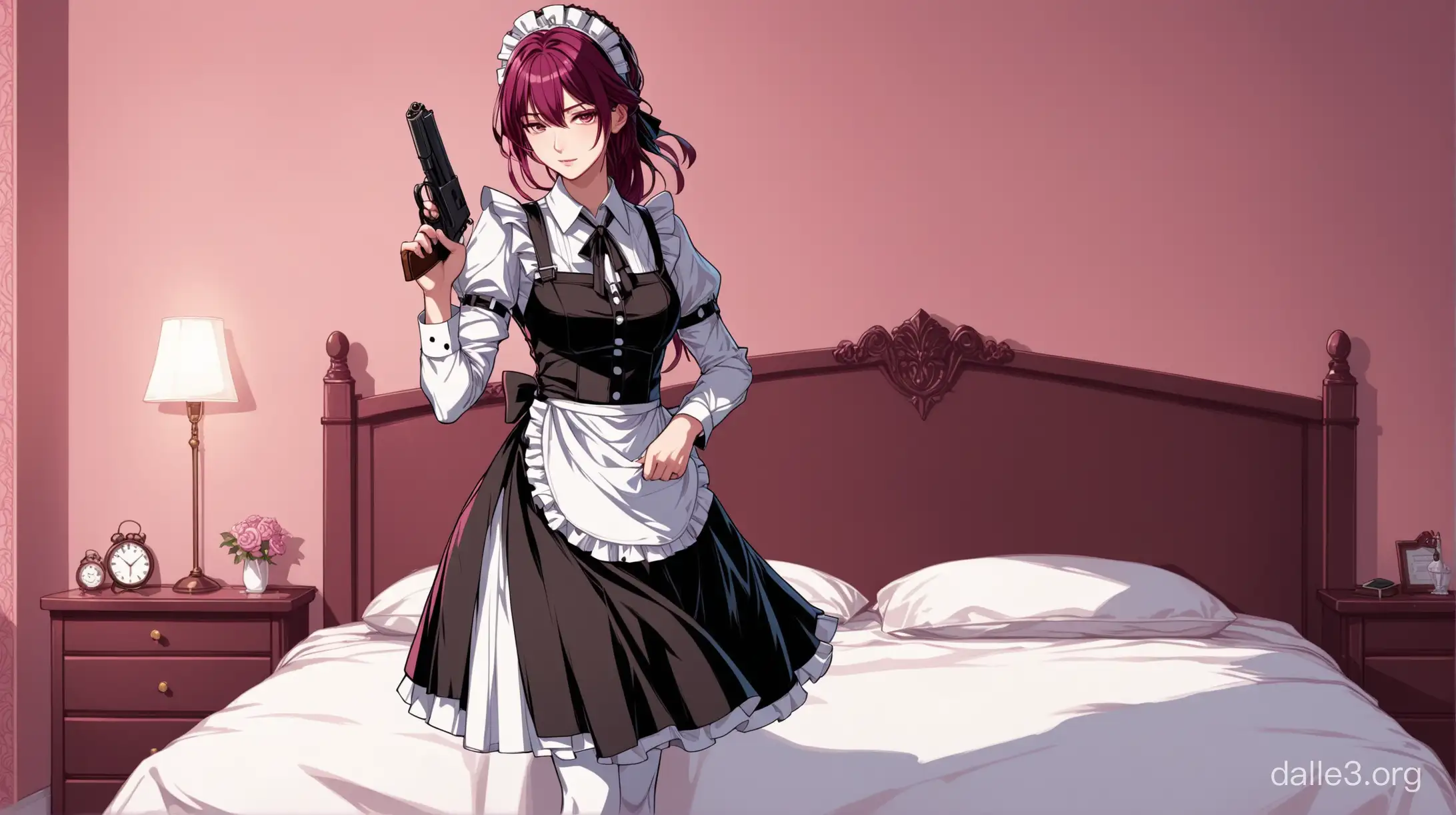 Honkai Star Rail Kafka Maid Character Holding Gun in Bedroom | Dalle3 AI